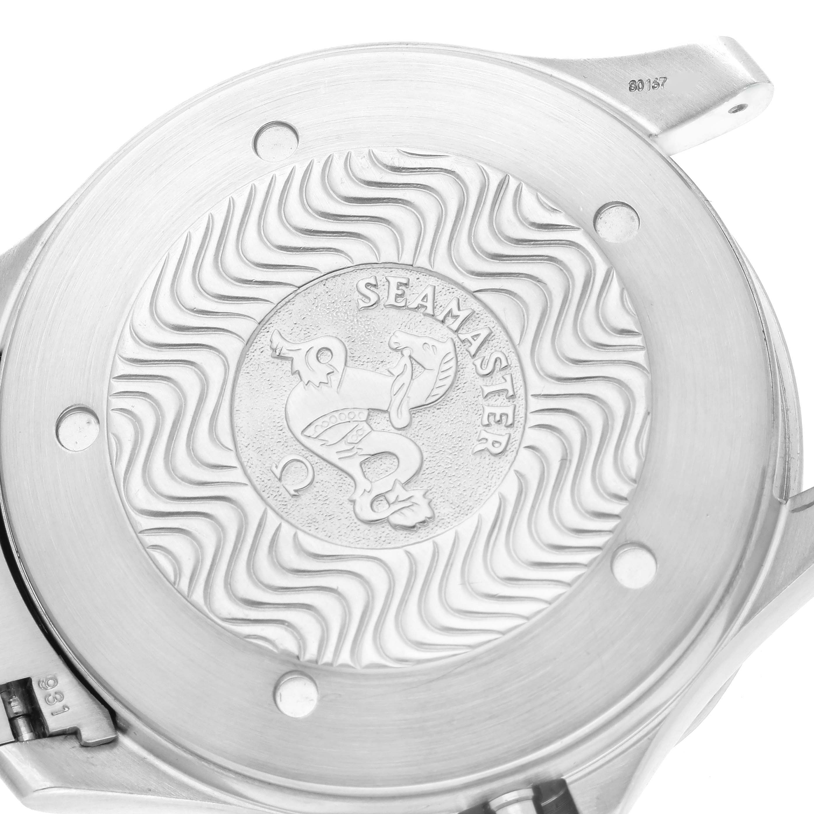 The image shows the engraved case back of an Omega Seamaster 2538.20.00 Men's Stainless Steel White Dial 2538.20.00 Men's Stainless Steel White Dial watch with the Seamaster logo.