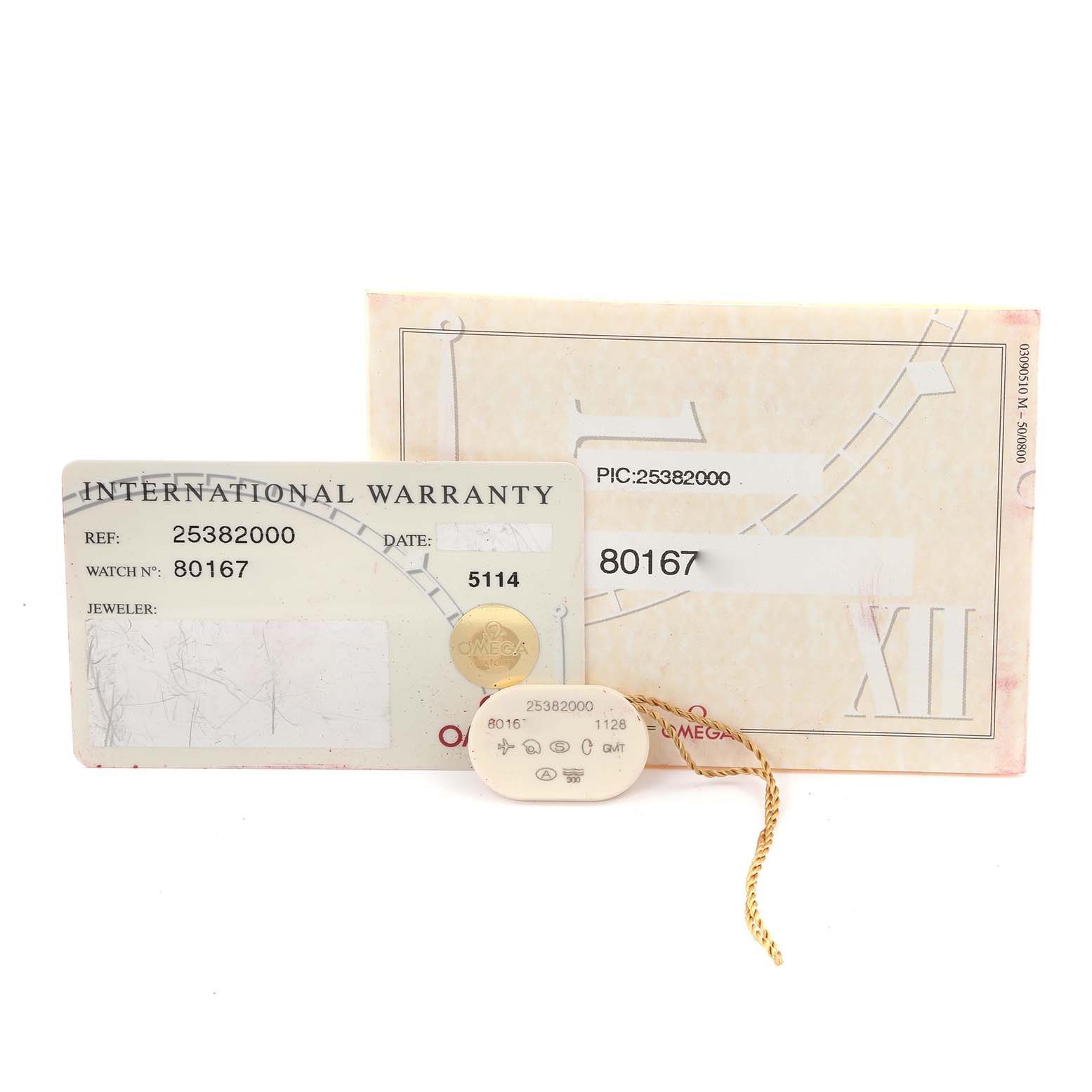 The image shows an Omega Seamaster 2538.20.00 Men's Stainless Steel White Dial 2538.20.00 Men's Stainless Steel White Dial's international warranty card, packaging, and a tag with a string.