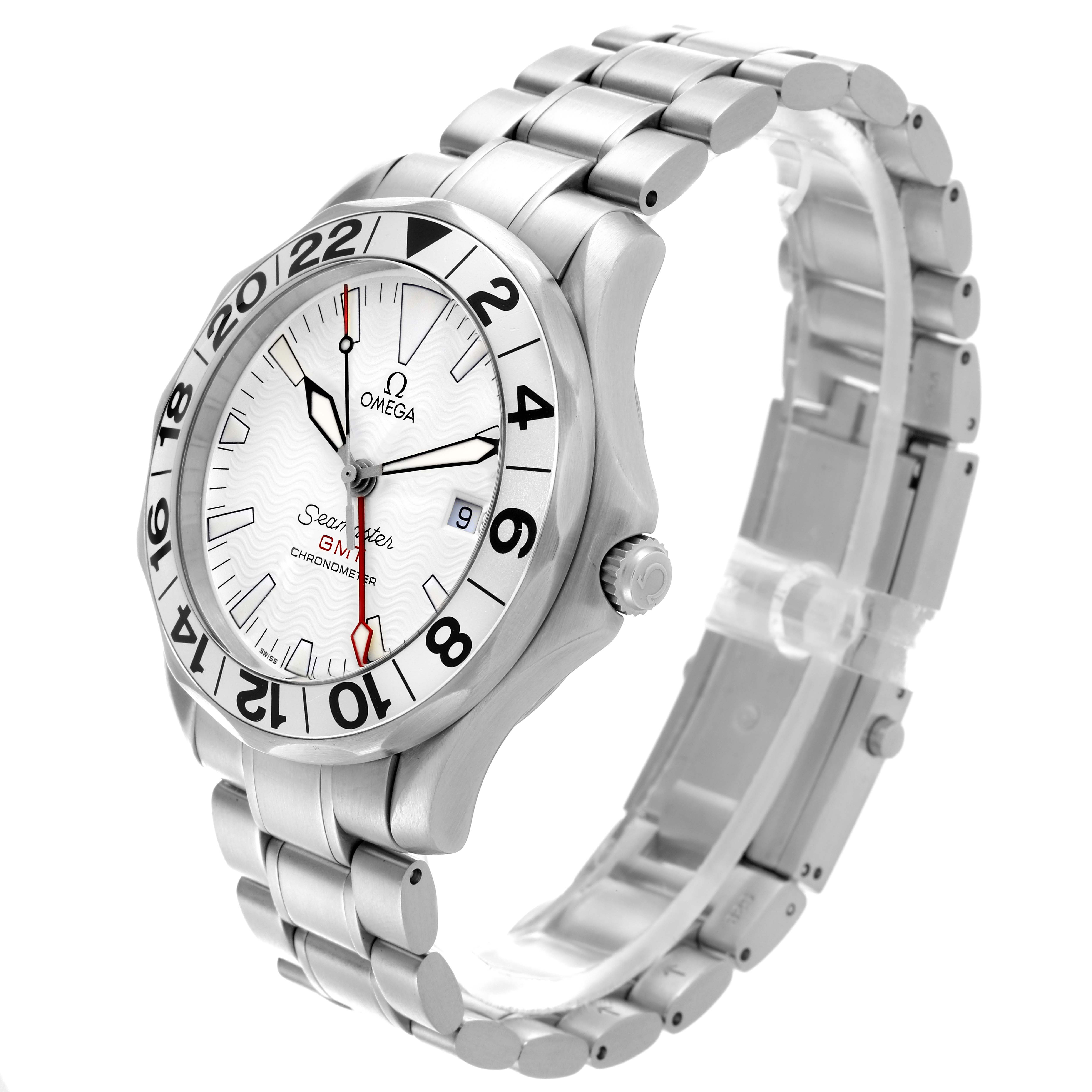 The Omega Seamaster 2538.20.00 Men's Stainless Steel White Dial 2538.20.00 Men's Stainless Steel White Dial watch is shown from a front-side angle, highlighting the dial, bezel, and bracelet.