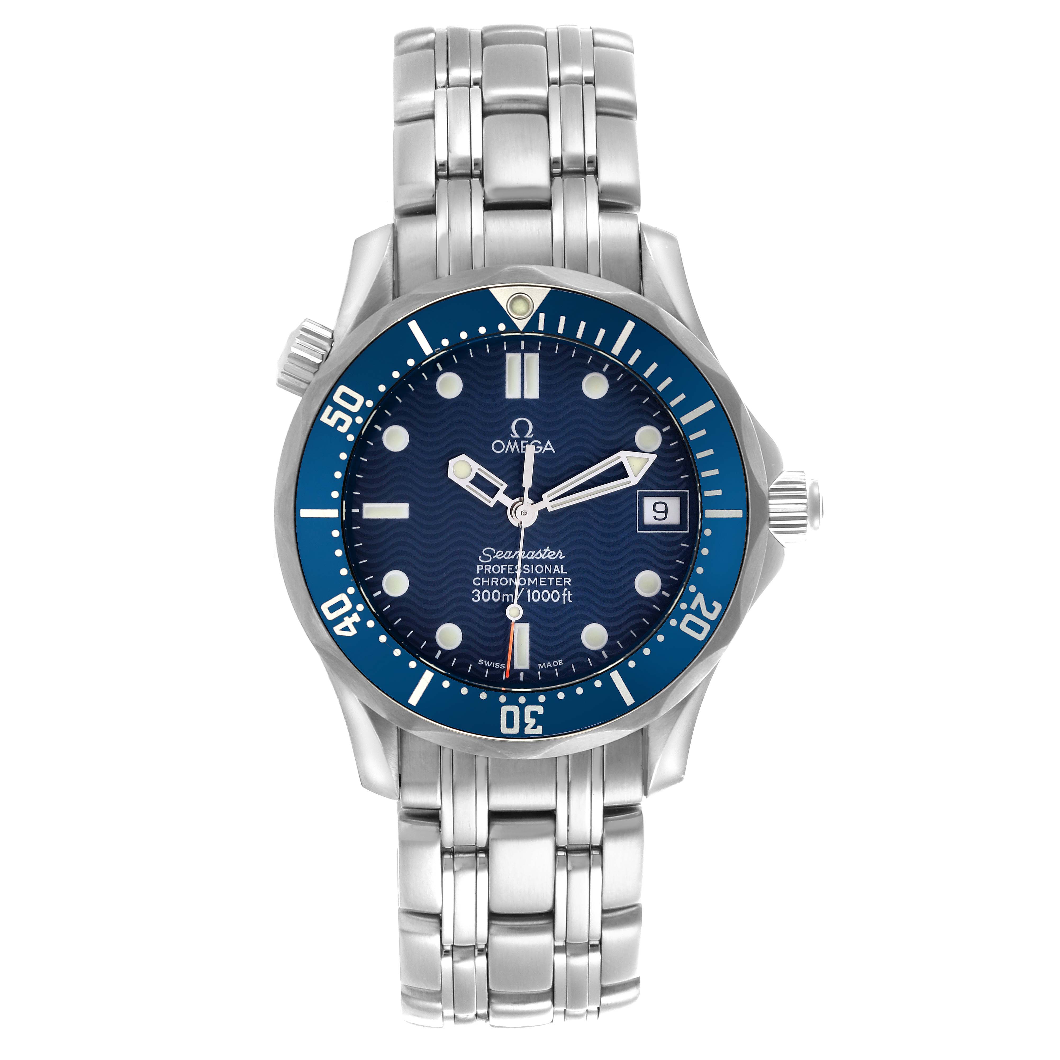 The Omega Seamaster 2551.80.00 Men
s Stainless Steel Blue Dial 2551.80.00 Men
s Stainless Steel Blue Dial watch is shown from a front angle, displaying the dial, bezel, case, and bracelet.