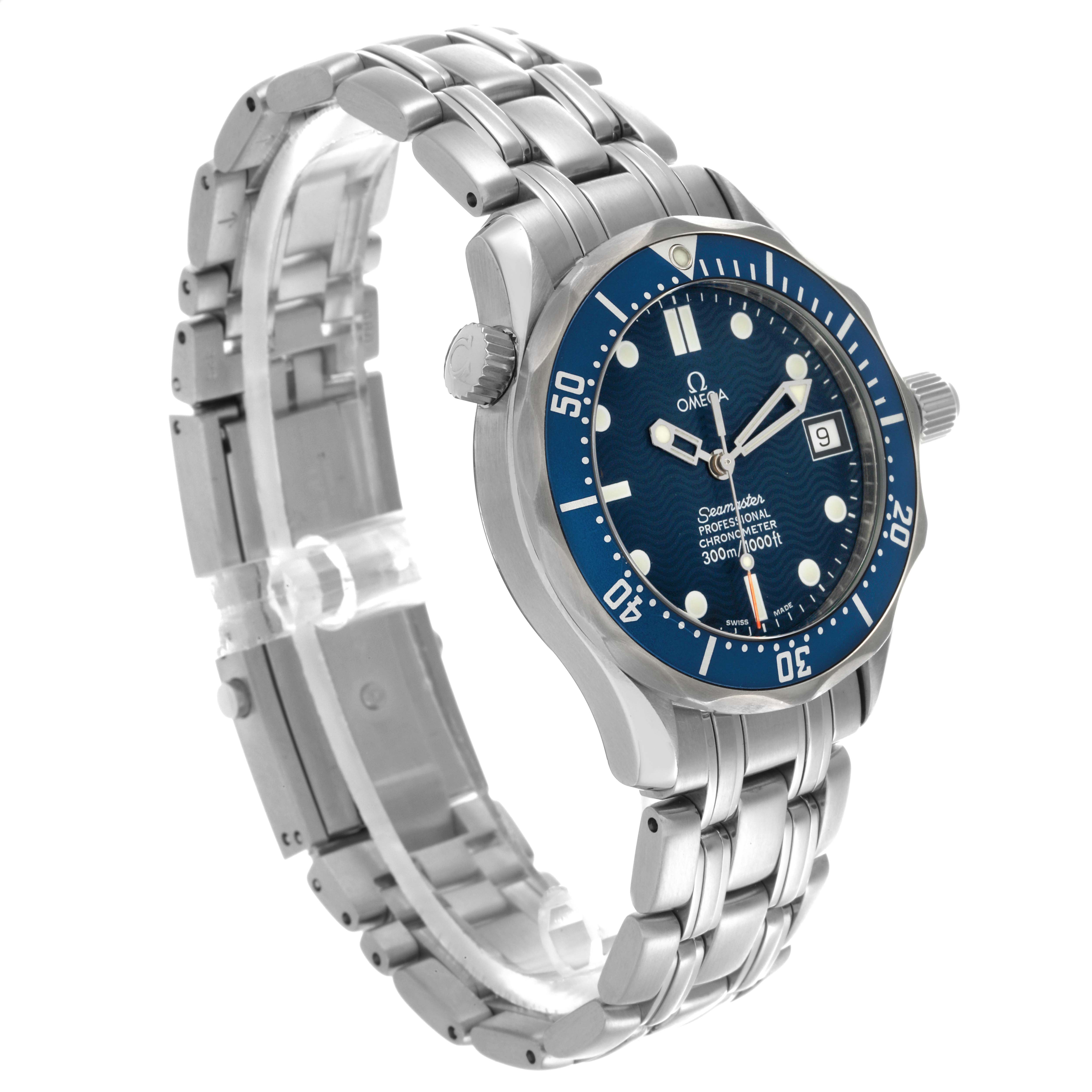 The Omega Seamaster 2551.80.00 Men
s Stainless Steel Blue Dial 2551.80.00 Men
s Stainless Steel Blue Dial watch is shown at a three-quarter angle, revealing the bracelet, bezel, and face.
