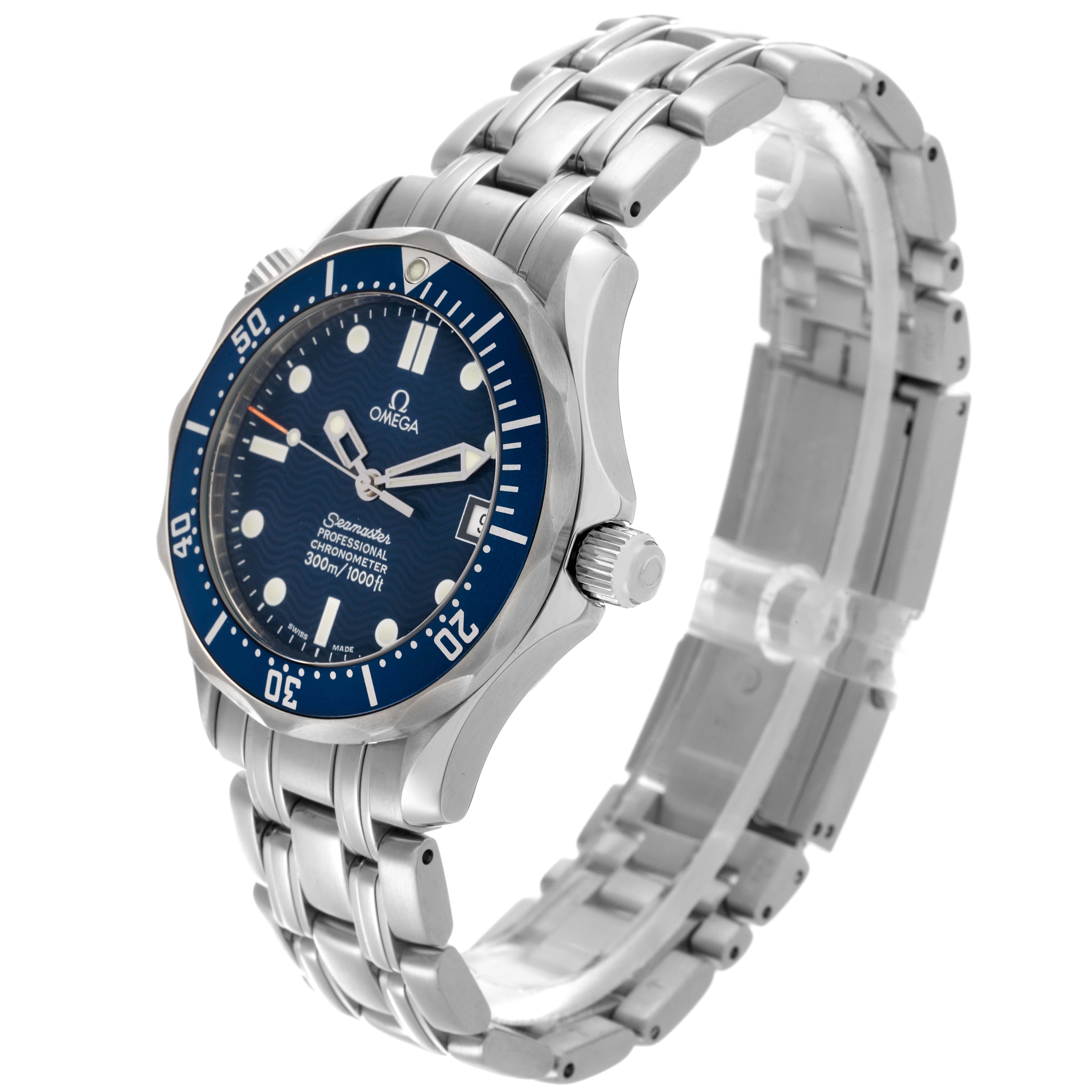 The Omega Seamaster 2551.80.00 Men
s Stainless Steel Blue Dial 2551.80.00 Men
s Stainless Steel Blue Dial is shown at a three-quarter angle, highlighting the face, bezel, crown, and stainless steel bracelet.