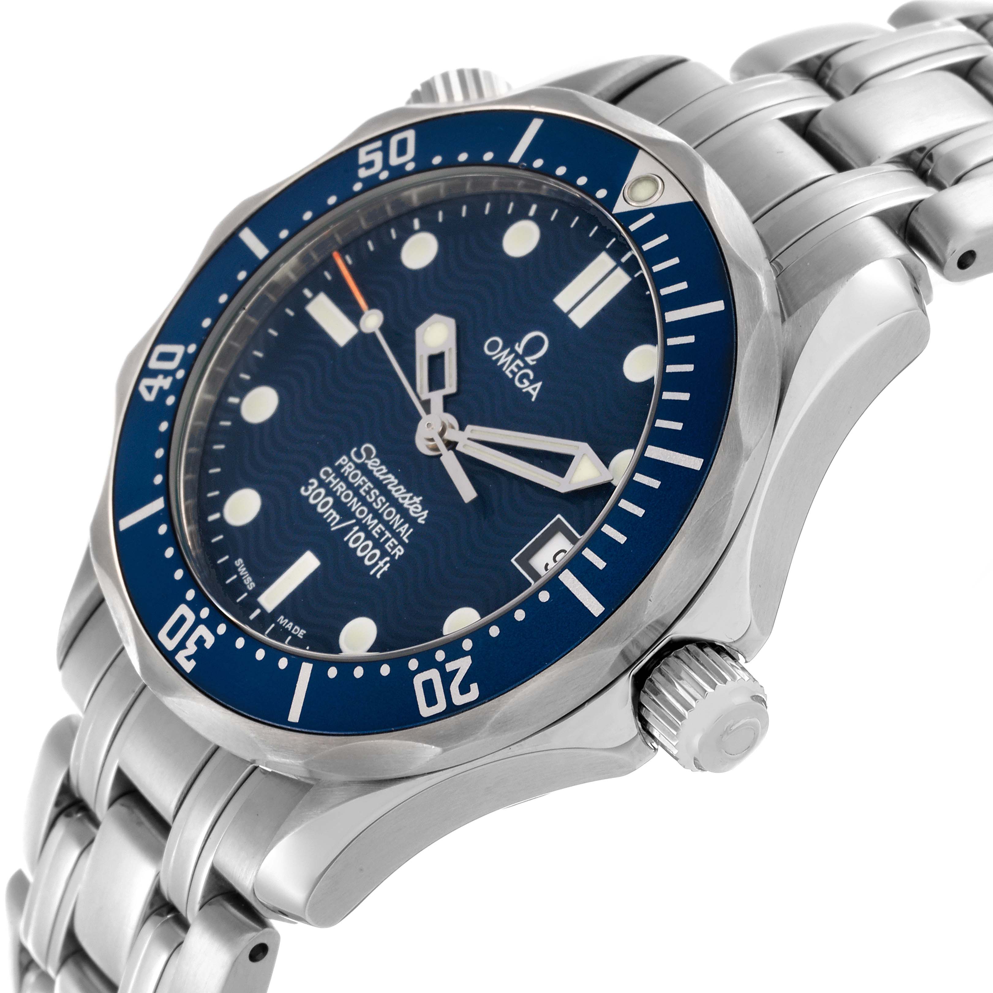The Omega Seamaster 2551.80.00 Men
s Stainless Steel Blue Dial 2551.80.00 Men
s Stainless Steel Blue Dial watch is shown at an angle highlighting its face, bezel, crown, and part of the stainless steel bracelet.