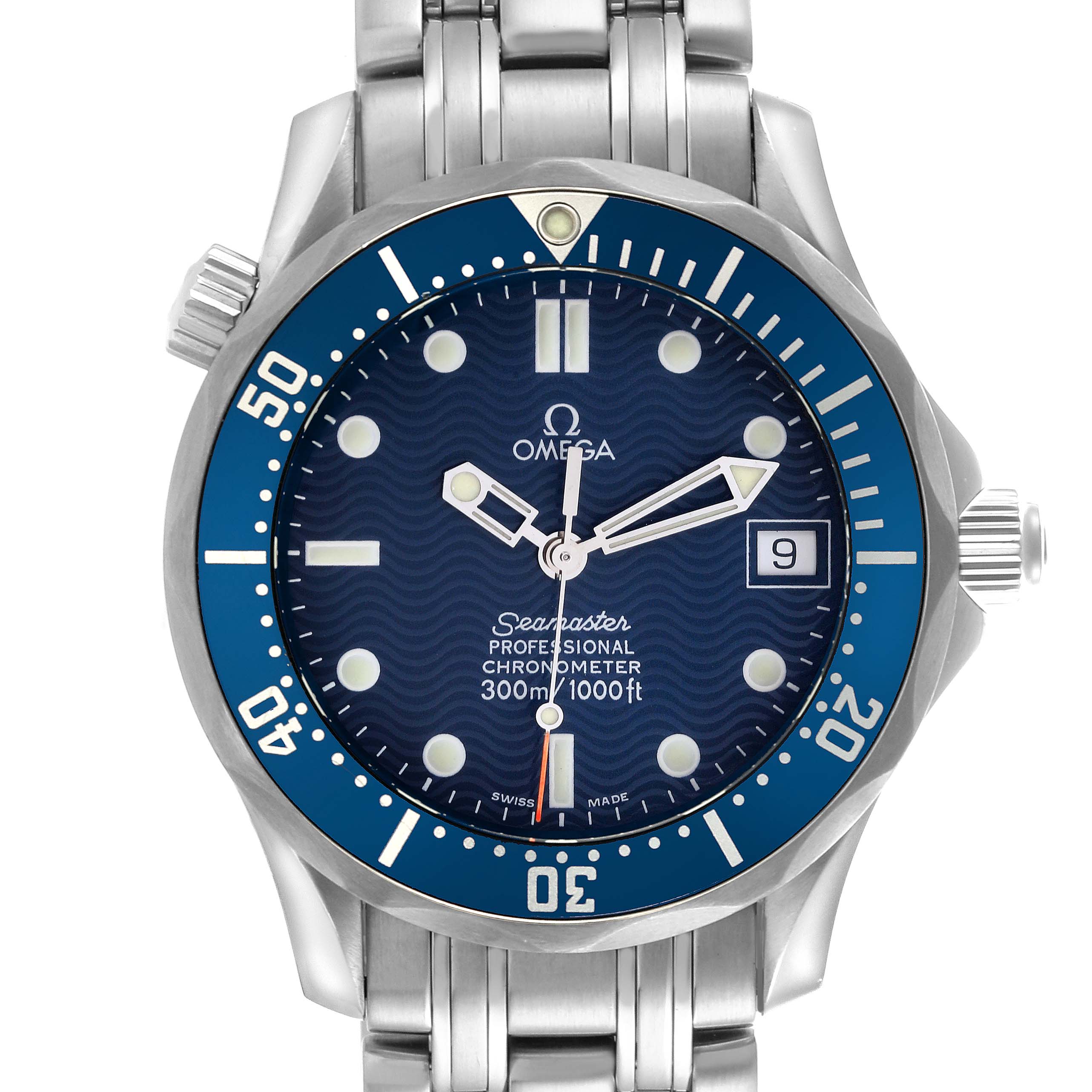 The Omega Seamaster 2551.80.00 Men
s Stainless Steel Blue Dial 2551.80.00 Men
s Stainless Steel Blue Dial watch is shown from a front angle, displaying its blue dial, bezel, and stainless steel bracelet.