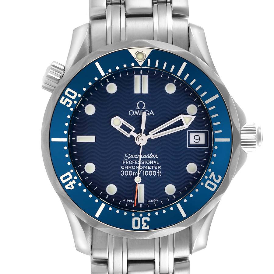 The Omega Seamaster watch is shown from a front angle, displaying its blue dial, bezel, and stainless steel bracelet.