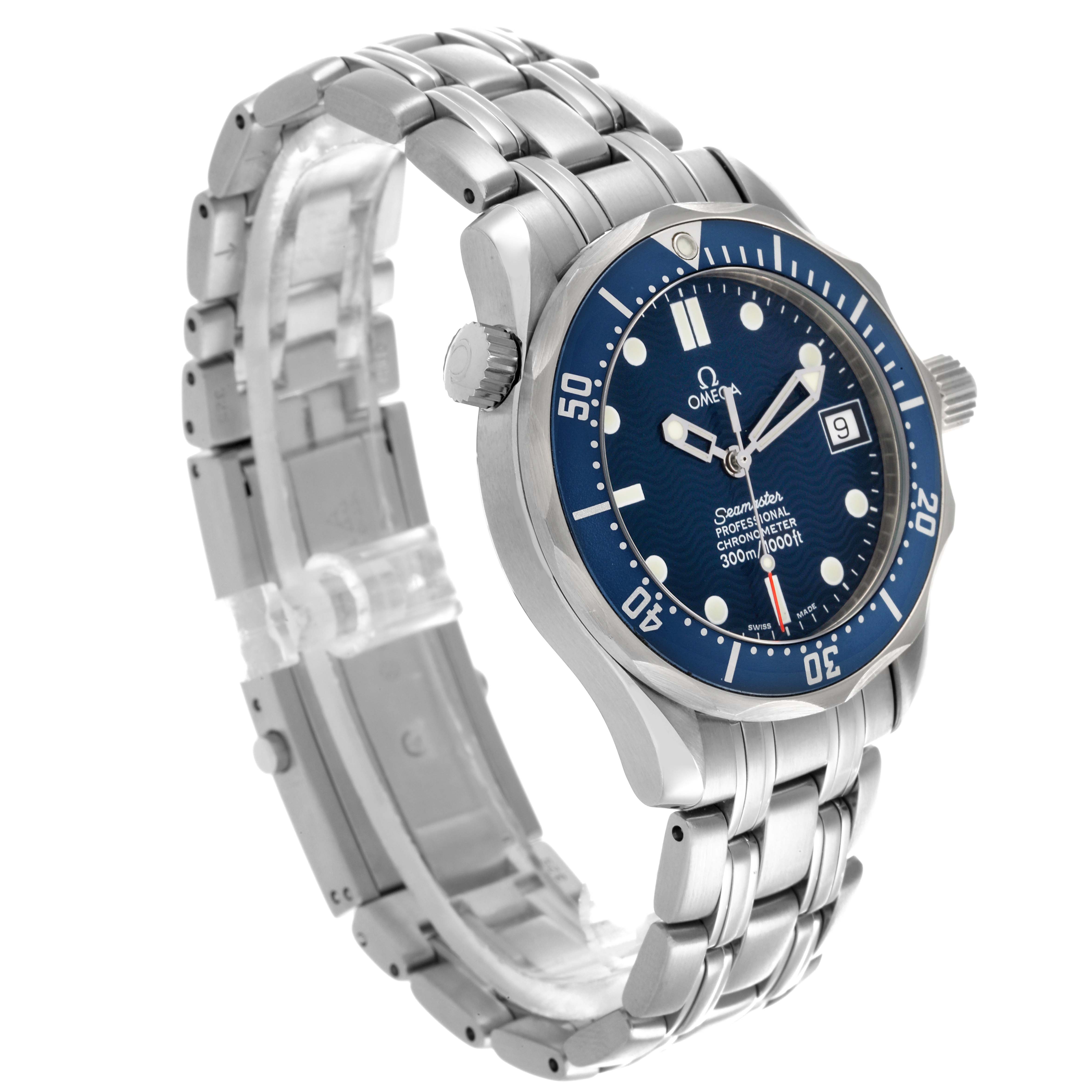 The Omega Seamaster 2551.80.00 Men
s Stainless Steel Blue Dial 2551.80.00 Men
s Stainless Steel Blue Dial watch is shown at an angled side view, featuring the face, bezel, dial, and metal bracelet.