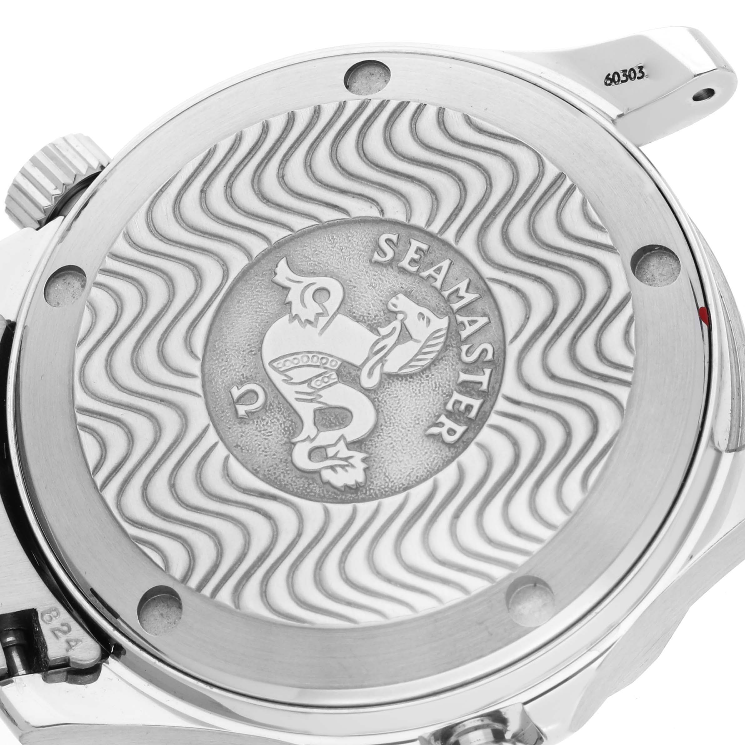 The image shows the back case of an Omega Seamaster 2551.80.00 Men
s Stainless Steel Blue Dial 2551.80.00 Men
s Stainless Steel Blue Dial watch, highlighting its embossed wave design and logo.