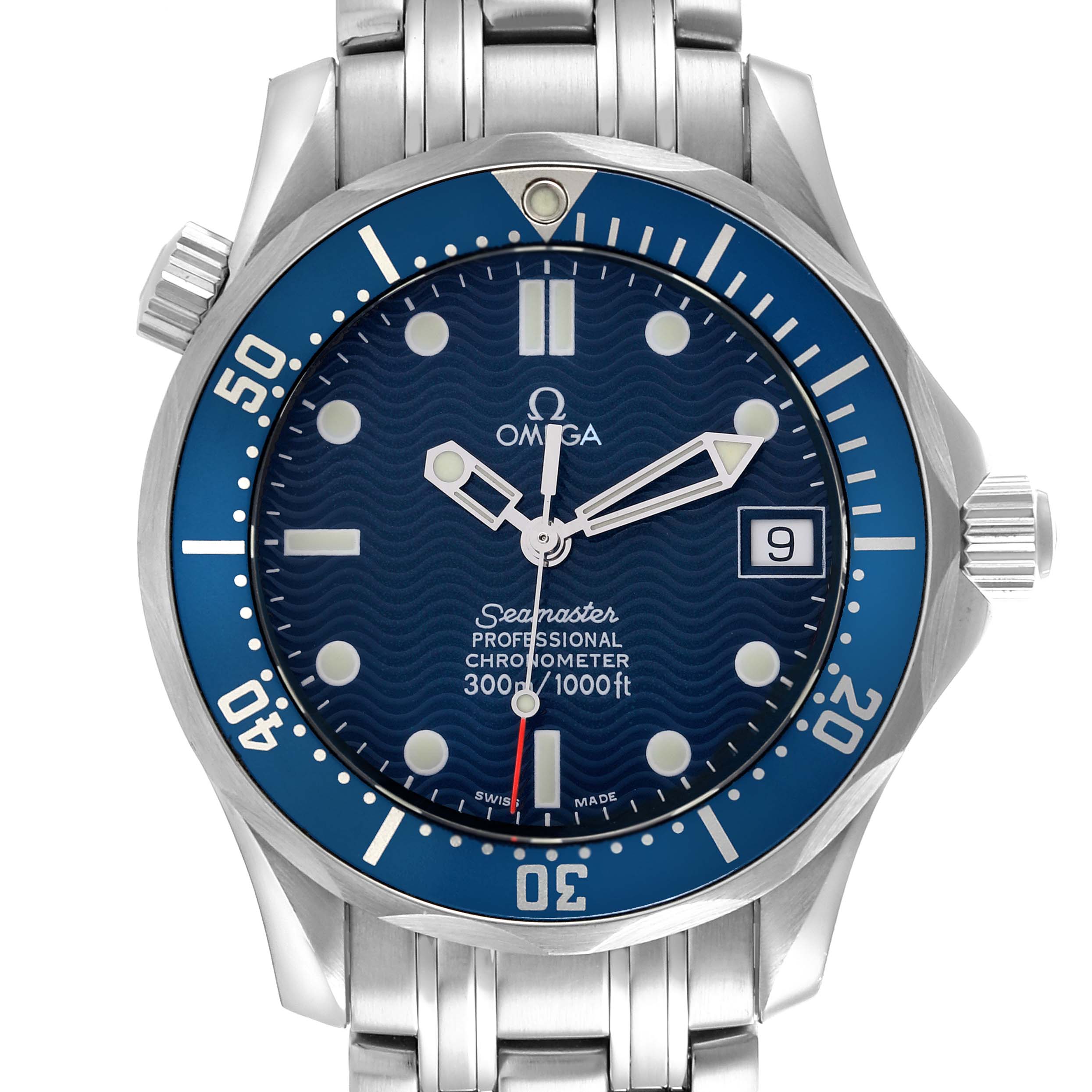 The Omega Seamaster 2551.80.00 Men
s Stainless Steel Blue Dial 2551.80.00 Men
s Stainless Steel Blue Dial watch is shown from the front, highlighting its blue dial, bezel, and a portion of the metal bracelet.