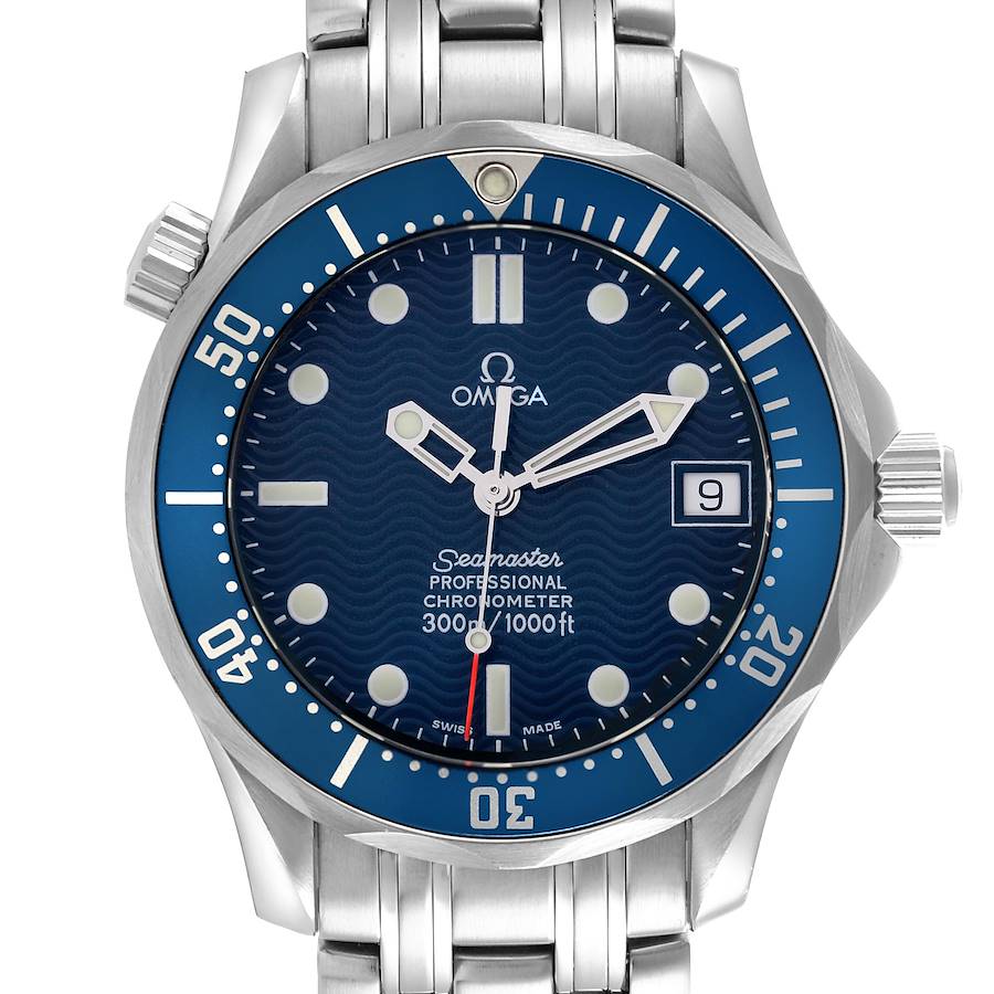 The Omega Seamaster watch is shown from the front, highlighting its blue dial, bezel, and a portion of the metal bracelet.