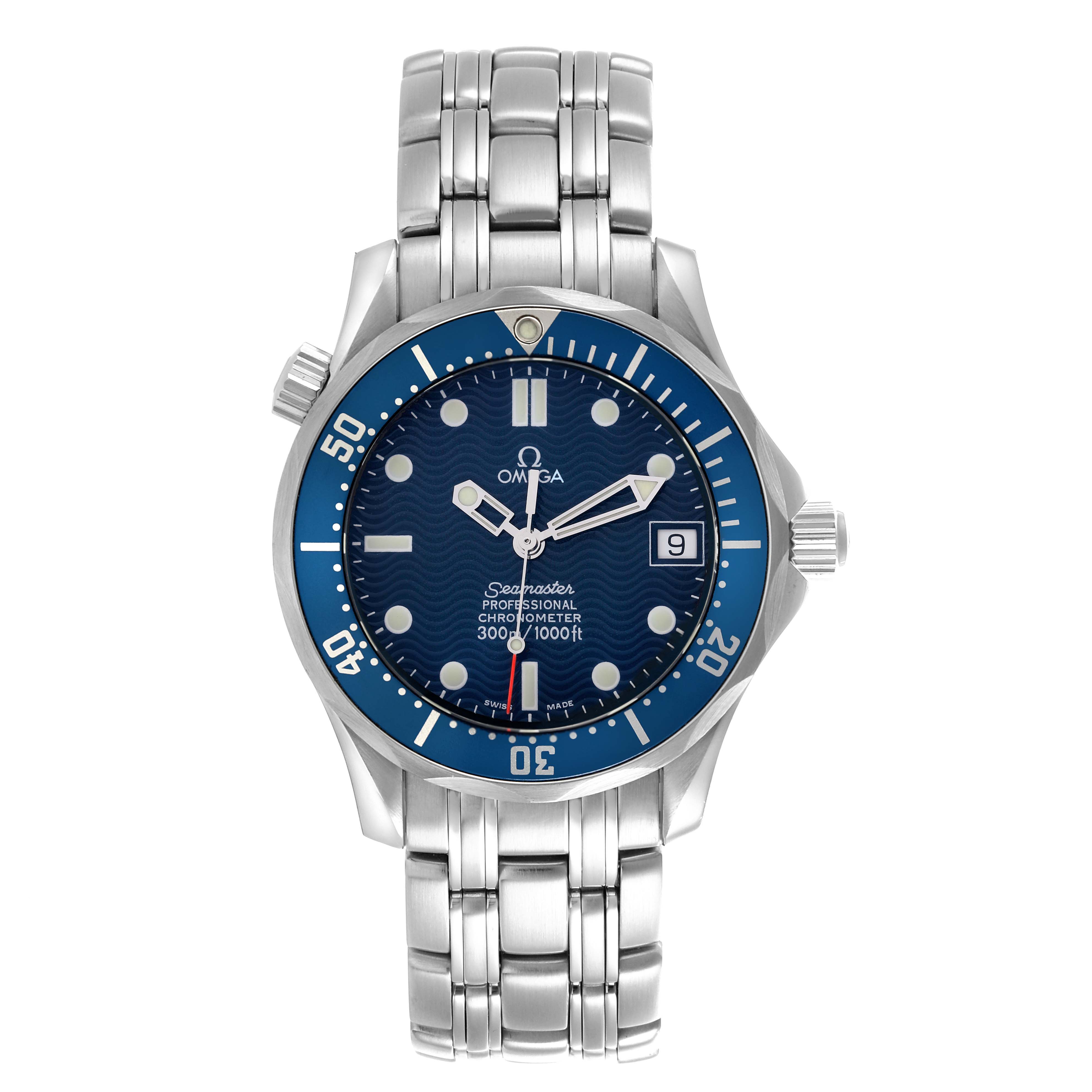 The Omega Seamaster 2551.80.00 Men
s Stainless Steel Blue Dial 2551.80.00 Men
s Stainless Steel Blue Dial watch is shown from the front, displaying its face, bezel, and stainless steel bracelet.