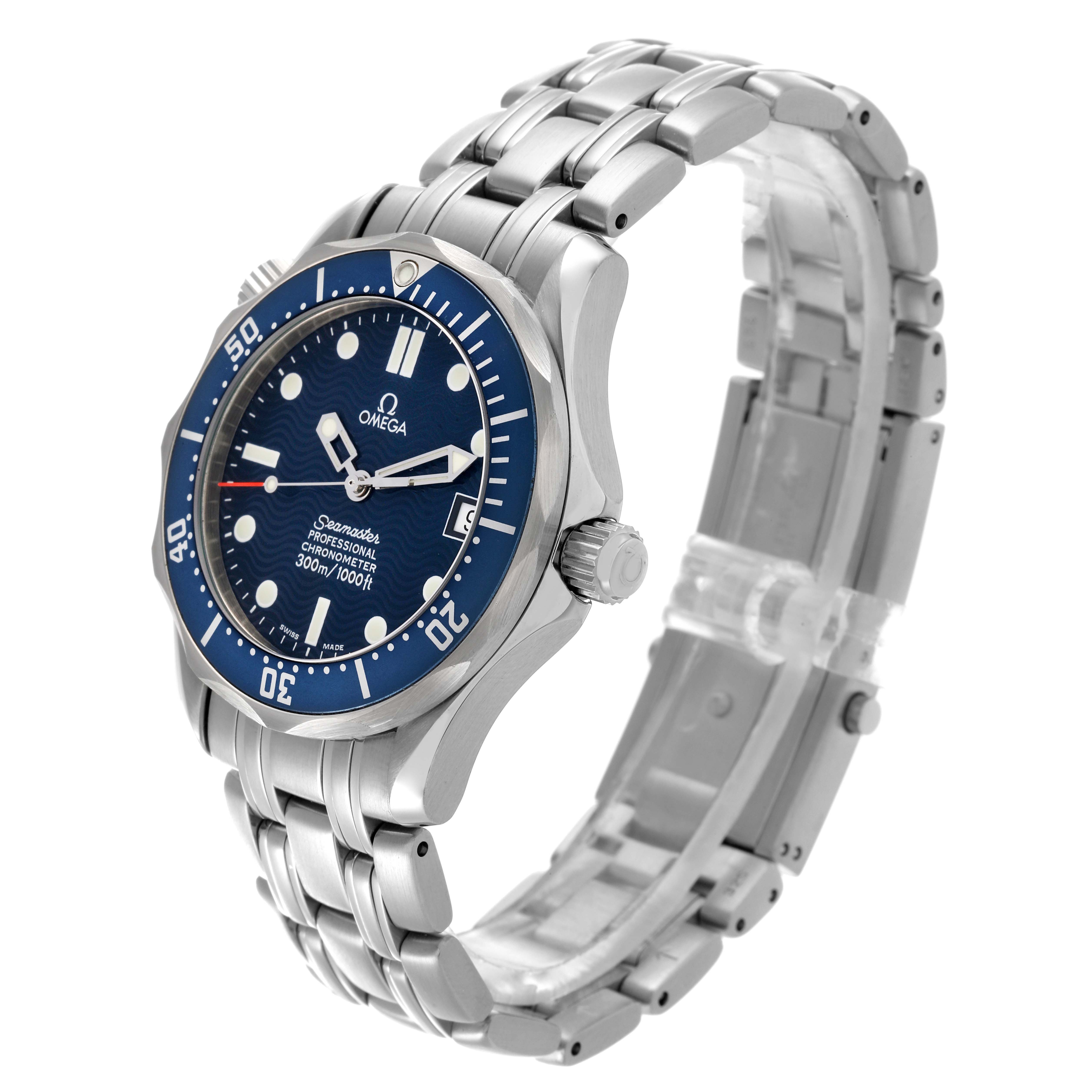 The Omega Seamaster 2551.80.00 Men
s Stainless Steel Blue Dial 2551.80.00 Men
s Stainless Steel Blue Dial watch is shown at an angled side view, displaying the dial, bezel, crown, and stainless steel bracelet.