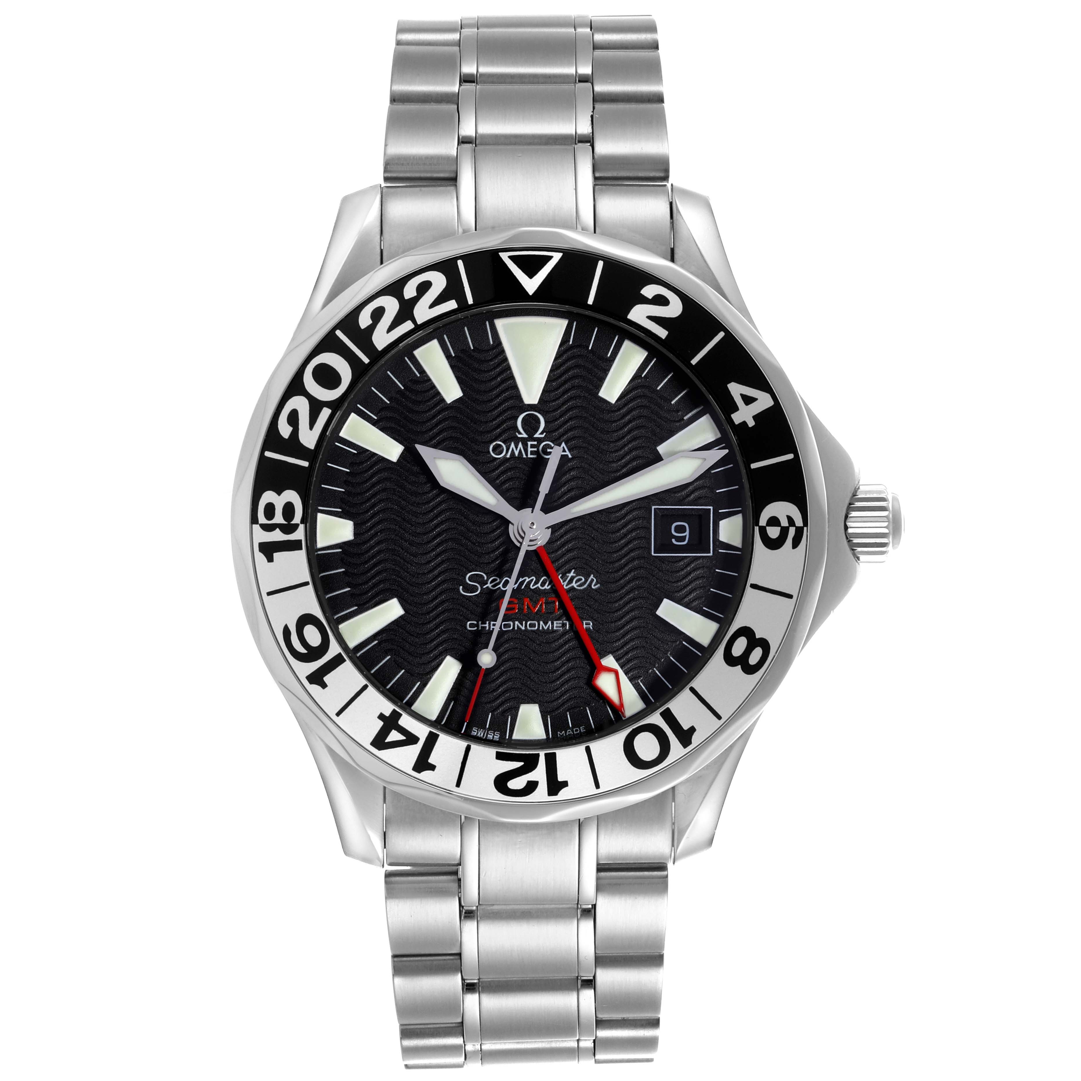 The Omega Seamaster 2234.50.00 Men
s Stainless Steel Black Dial 2234.50.00 Men
s Stainless Steel Black Dial watch is shown from the front, featuring the dial, bezel, and metal bracelet.