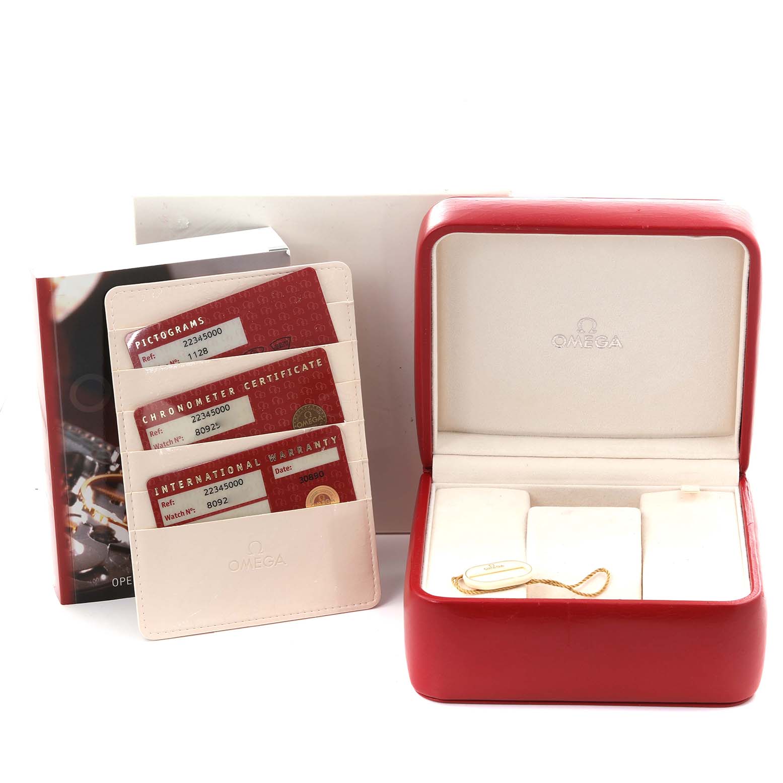 The image shows an Omega Seamaster 2234.50.00 Men
s Stainless Steel Black Dial 2234.50.00 Men
s Stainless Steel Black Dial watch box, warranty cards, and instruction manual.