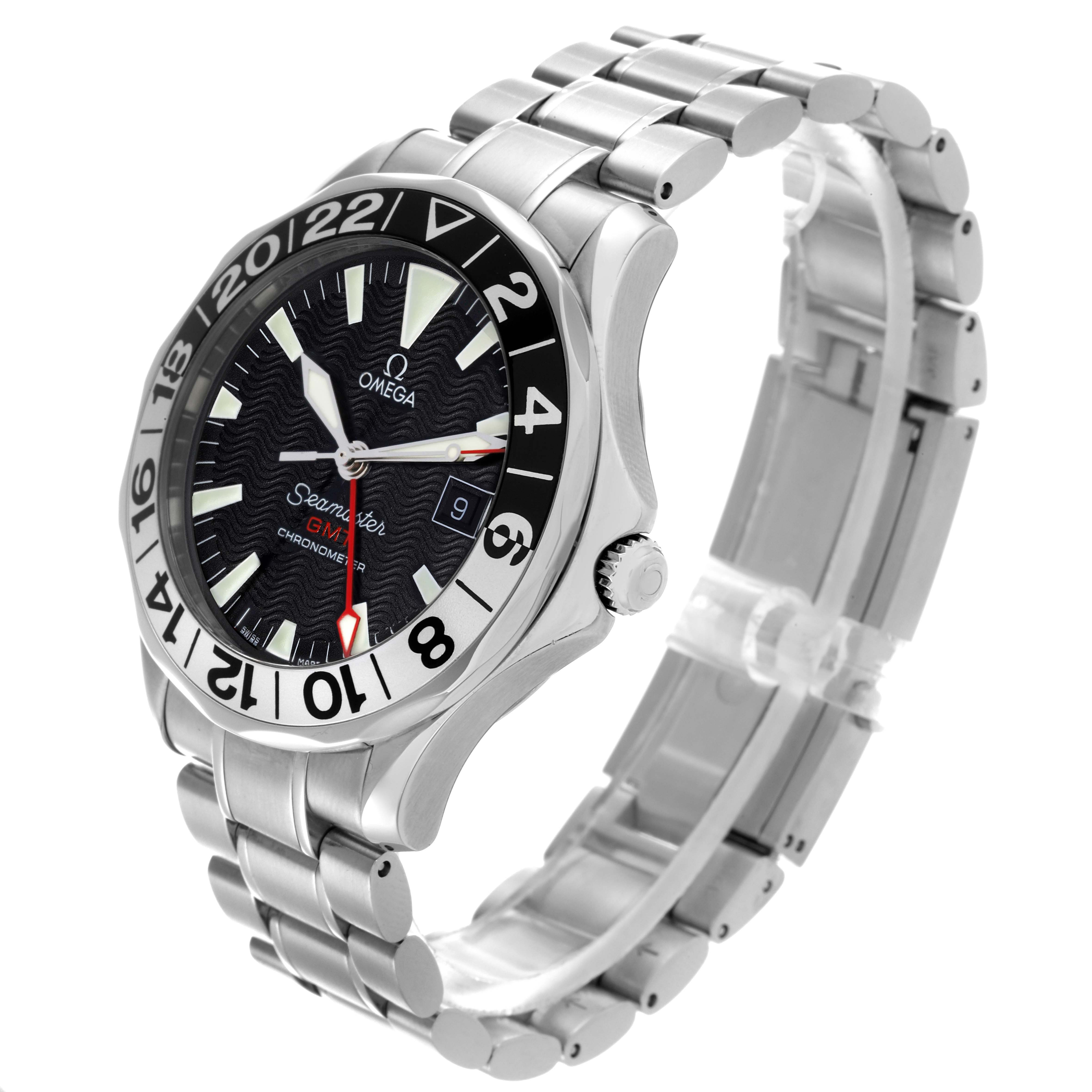 The Omega Seamaster 2234.50.00 Men
s Stainless Steel Black Dial 2234.50.00 Men
s Stainless Steel Black Dial watch is shown at a three-quarter angle, highlighting the face, bezel, crown, and bracelet.
