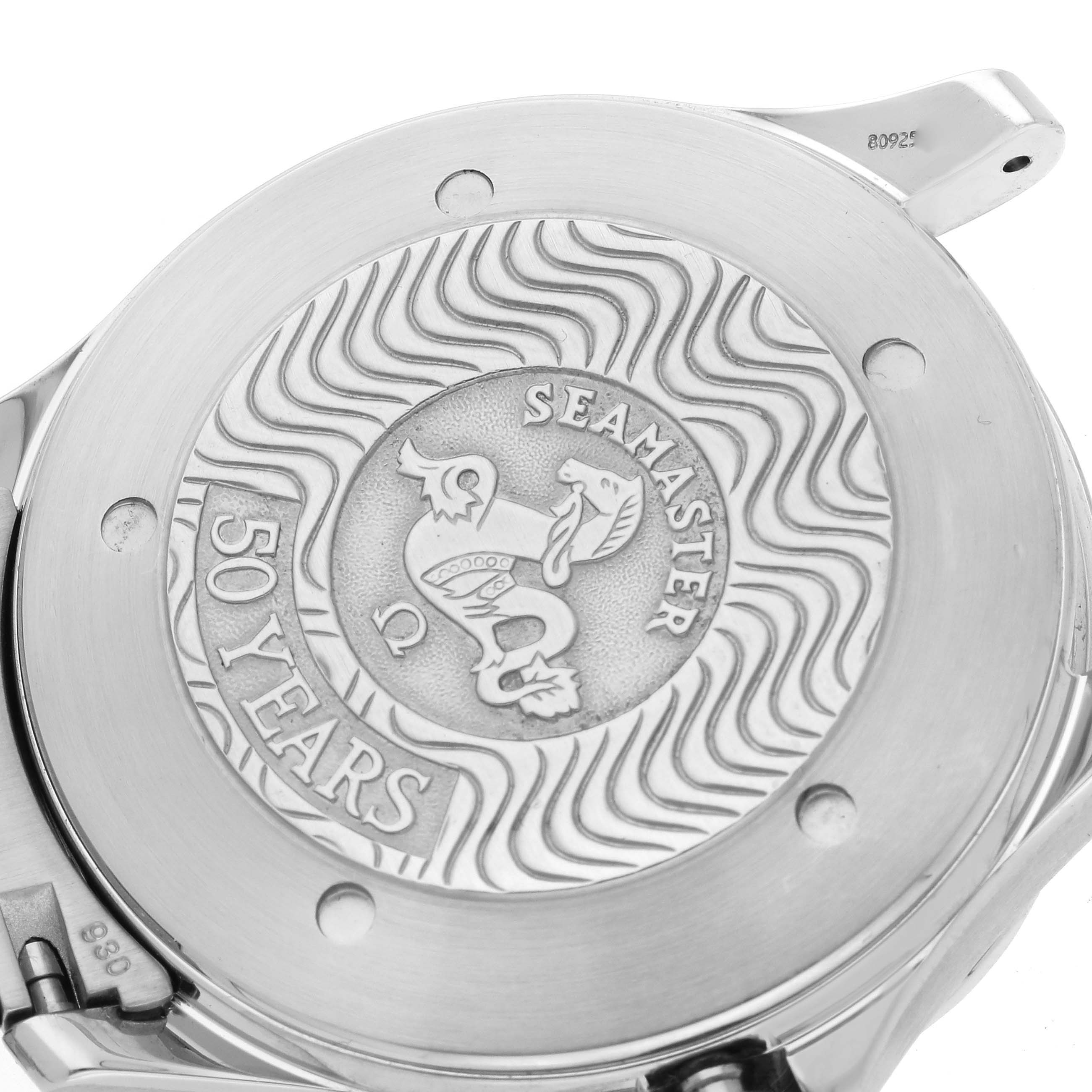 The image shows the back case of the Omega Seamaster 2234.50.00 Men
s Stainless Steel Black Dial 2234.50.00 Men
s Stainless Steel Black Dial watch featuring its embossed 50th anniversary design.