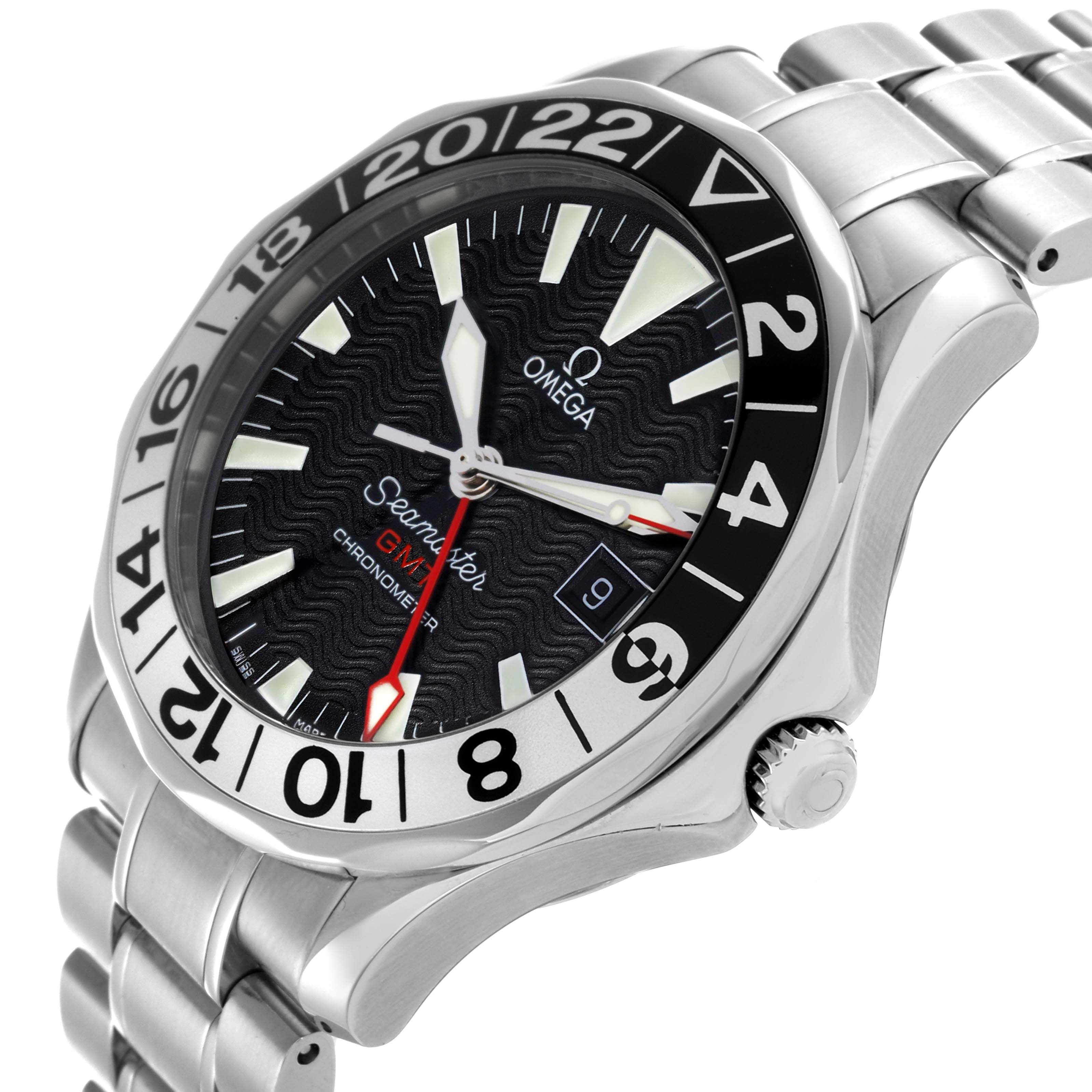 The Omega Seamaster 2234.50.00 Men
s Stainless Steel Black Dial 2234.50.00 Men
s Stainless Steel Black Dial watch is shown from a front-side angle, highlighting the bezel, dial, hands, crown, and metal bracelet.