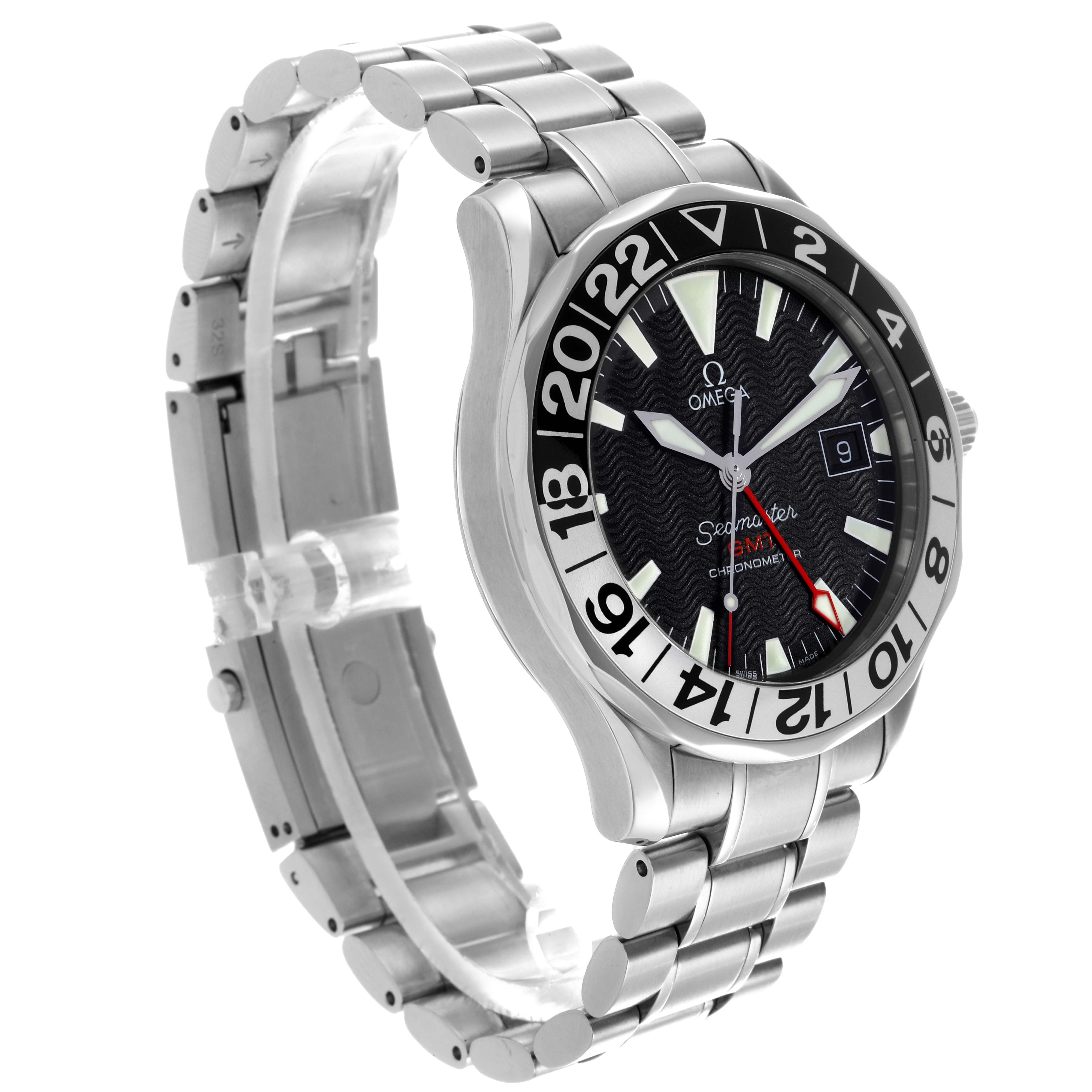 The Omega Seamaster 2234.50.00 Men
s Stainless Steel Black Dial 2234.50.00 Men
s Stainless Steel Black Dial watch is shown at an angled side view, highlighting its face, bezel, and bracelet.