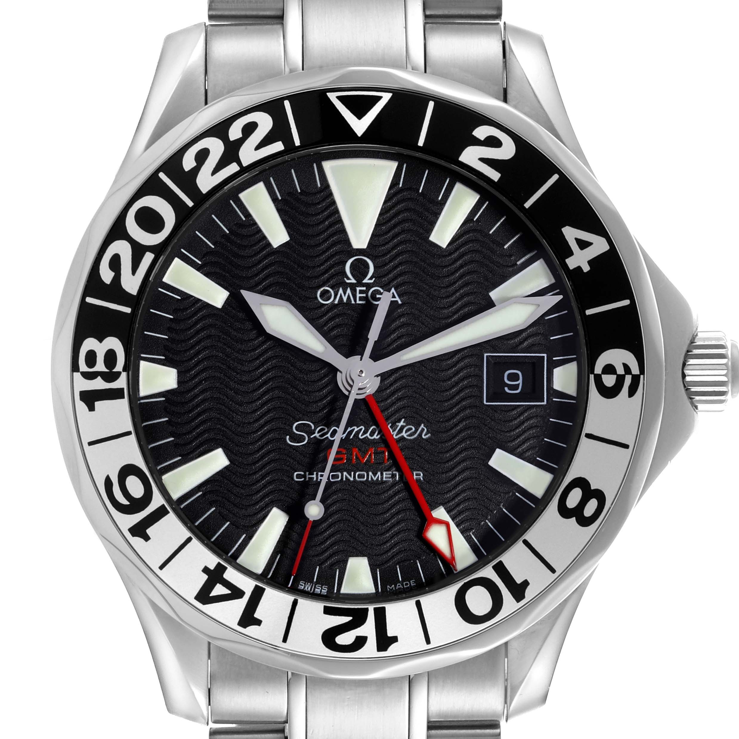 The image shows a frontal view of the Omega Seamaster 2234.50.00 Men
s Stainless Steel Black Dial 2234.50.00 Men
s Stainless Steel Black Dial watch, highlighting the dial, bezel, hands, and part of the bracelet.
