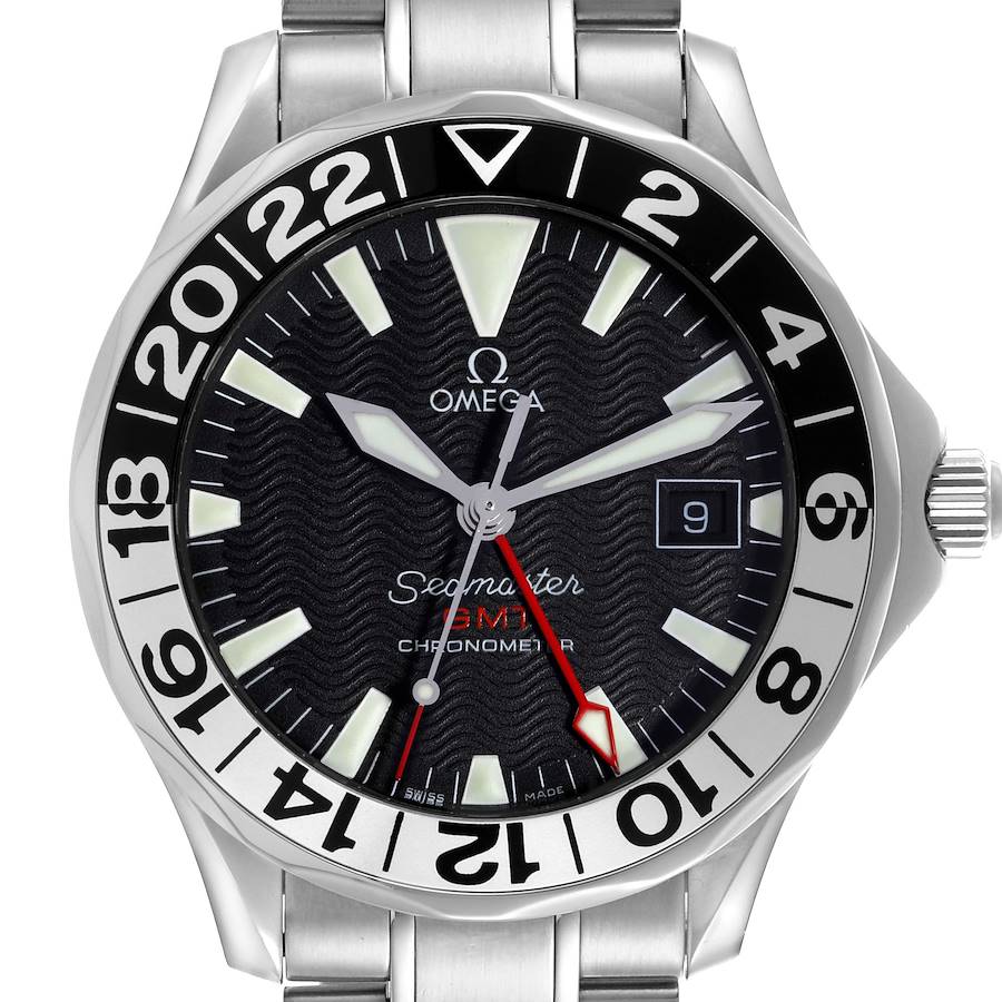 The image shows a frontal view of the Omega Seamaster watch, highlighting the dial, bezel, hands, and part of the bracelet.