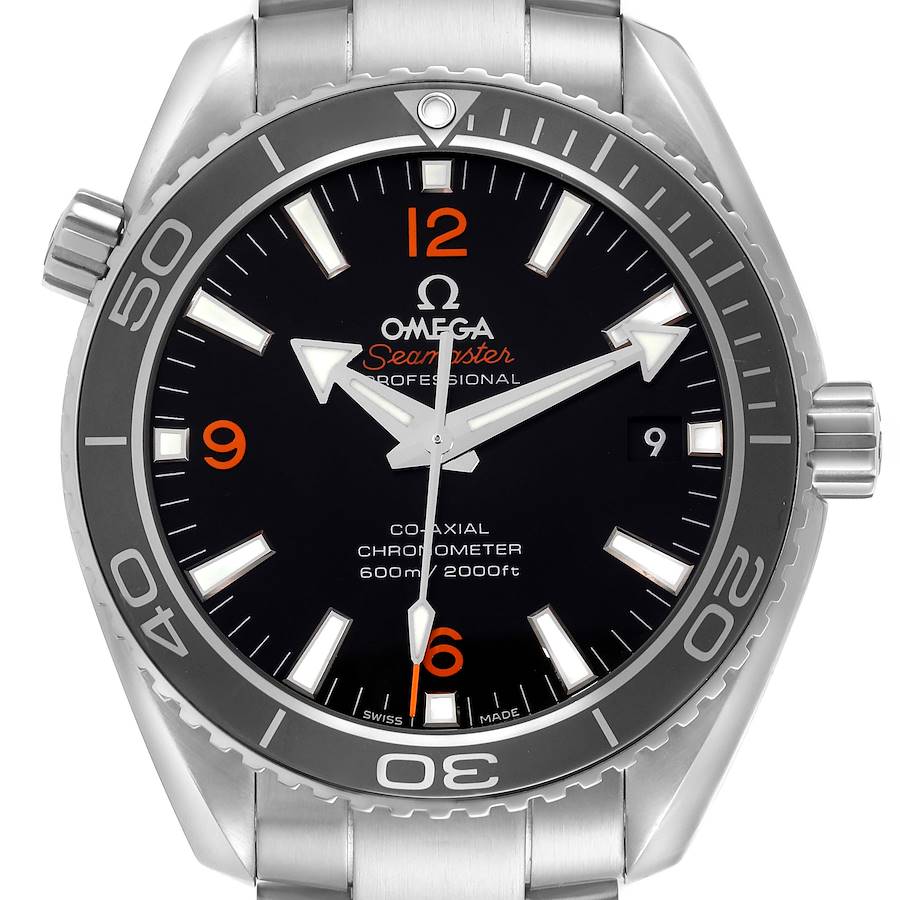 The Omega Planet Ocean watch is shown from the front, displaying the bezel, dial, hands, and bracelet.