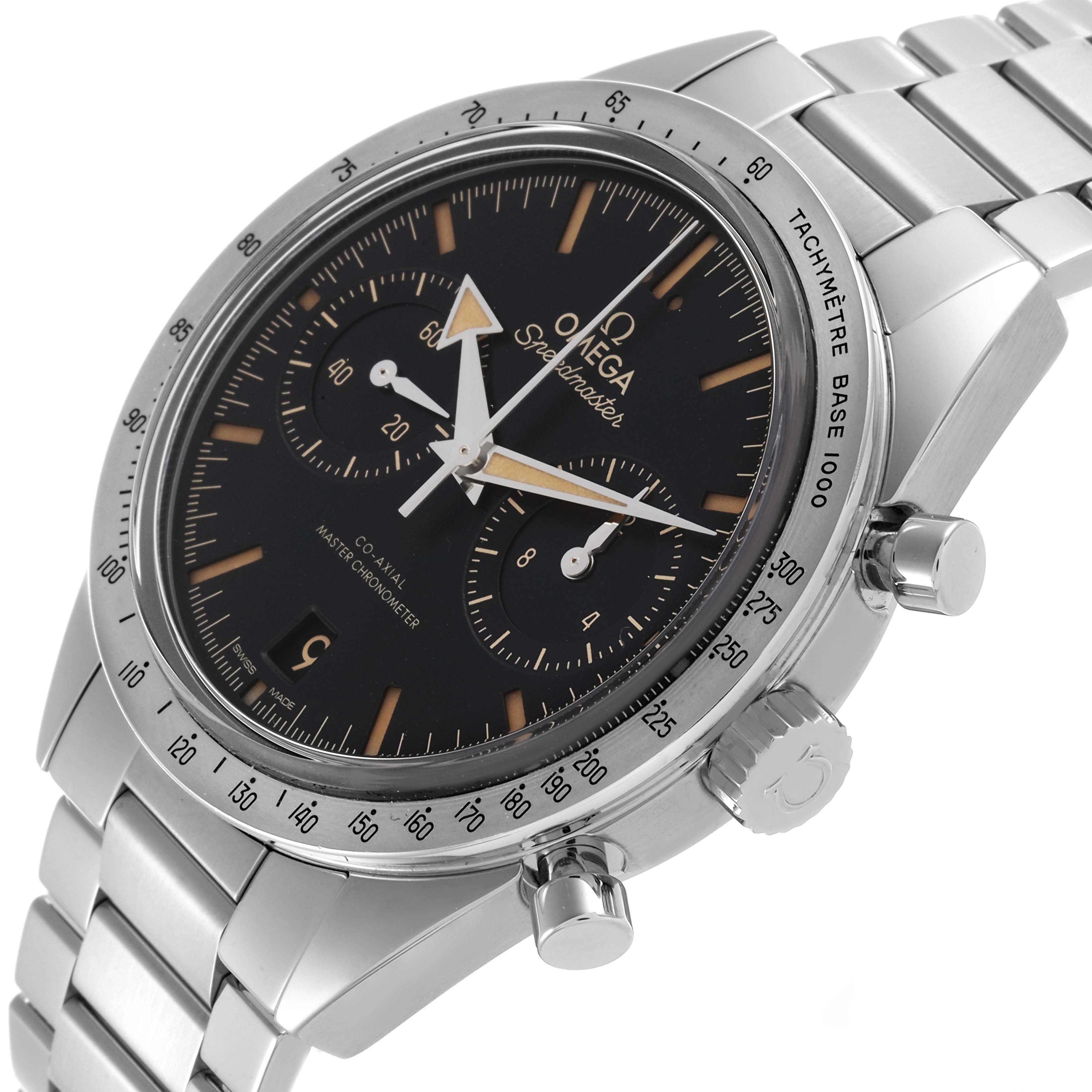 The Omega Speedmaster 332.12.41.51.01.001 Men
s Stainless Steel Black Dial 332.12.41.51.01.001 Men
s Stainless Steel Black Dial watch is shown at a slight angle, highlighting the dial, bezel, and bracelet.