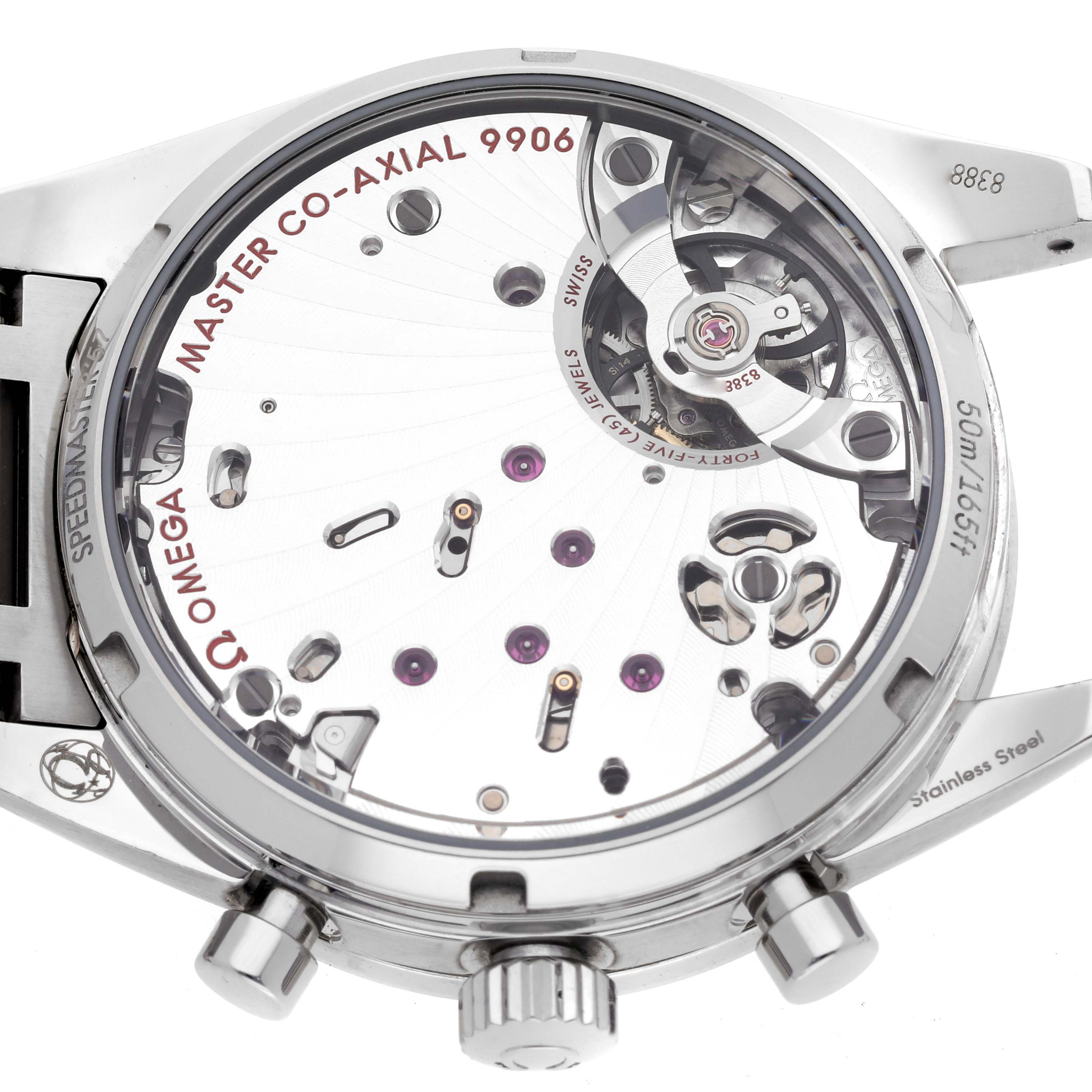 The Omega Speedmaster 332.12.41.51.01.001 Men
s Stainless Steel Black Dial 332.12.41.51.01.001 Men
s Stainless Steel Black Dial is shown from the back, displaying its Master Co-Axial 9906 movement and intricate mechanical details.