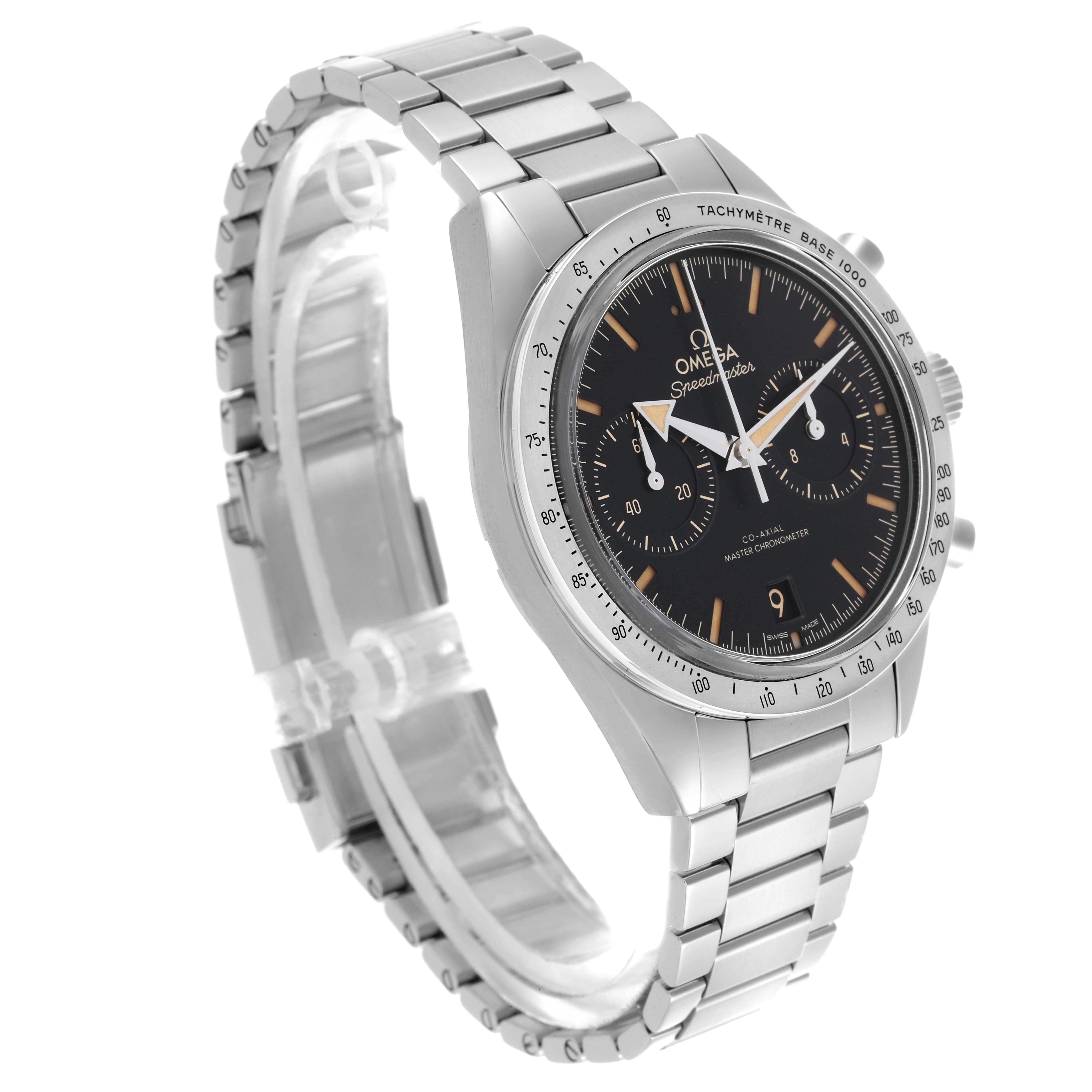 The Omega Speedmaster 332.12.41.51.01.001 Men
s Stainless Steel Black Dial 332.12.41.51.01.001 Men
s Stainless Steel Black Dial watch is shown at a slight angle, displaying the face, bezel, and metal bracelet.