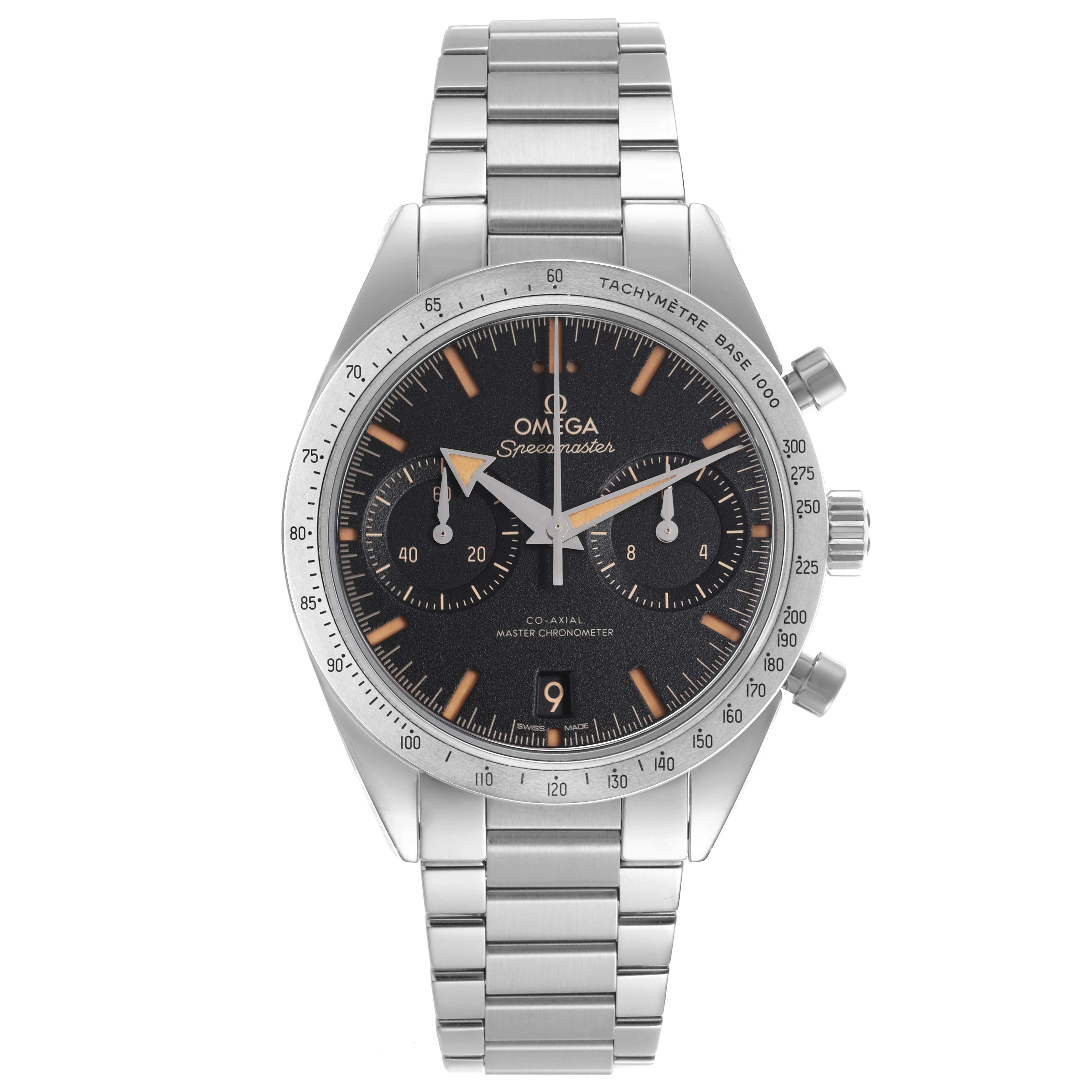 The Omega Speedmaster 332.12.41.51.01.001 Men
s Stainless Steel Black Dial 332.12.41.51.01.001 Men
s Stainless Steel Black Dial watch is shown from the front, displaying the face, tachymeter, bracelet, and chronograph pushers.