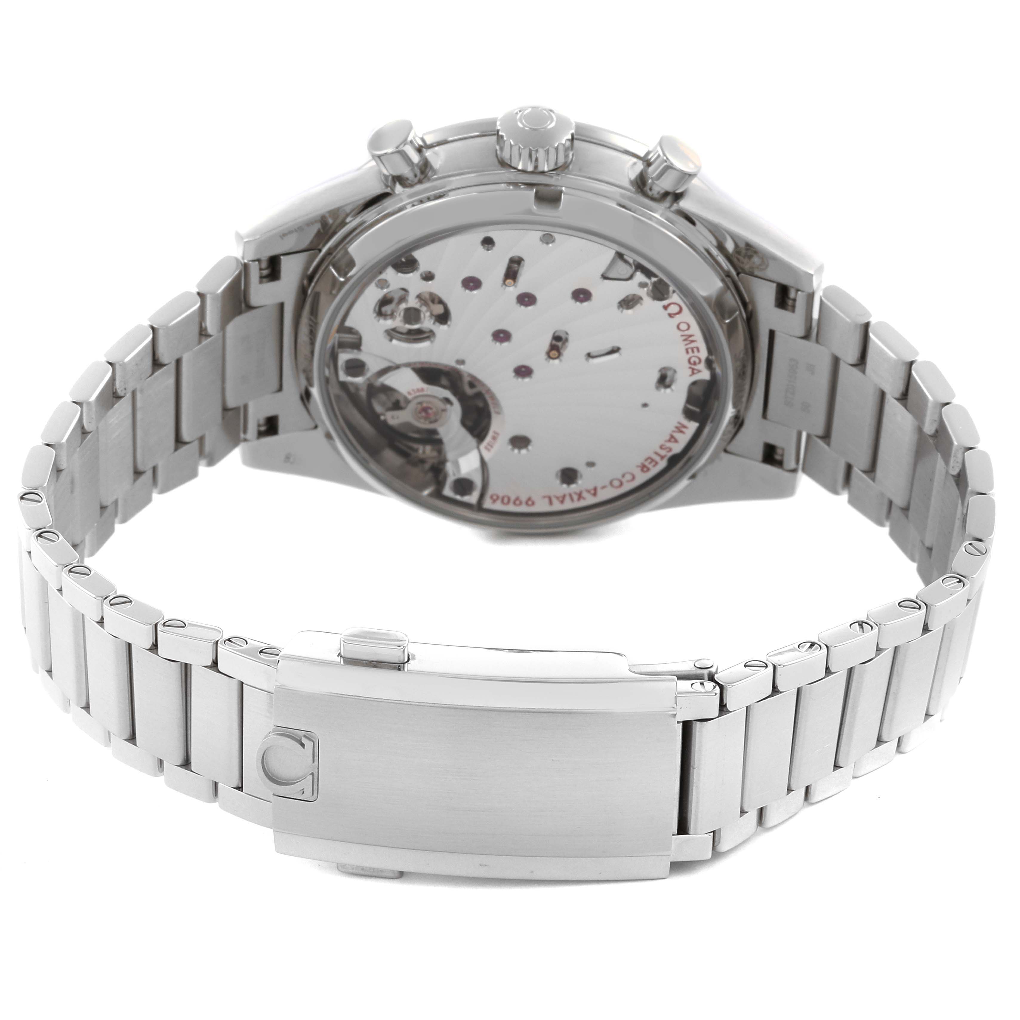 The Omega Speedmaster 332.12.41.51.01.001 Men
s Stainless Steel Black Dial 332.12.41.51.01.001 Men
s Stainless Steel Black Dial watch is shown from the back, displaying the open caseback and metal bracelet.