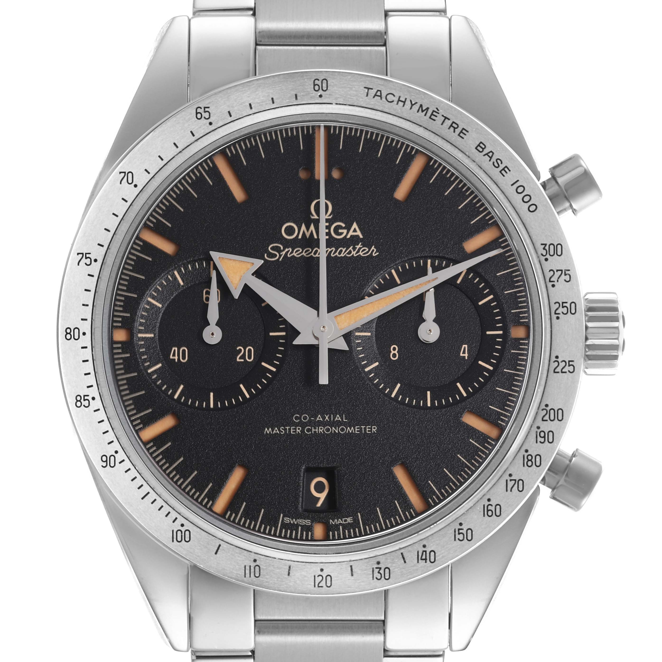 The Omega Speedmaster 332.12.41.51.01.001 Men
s Stainless Steel Black Dial 332.12.41.51.01.001 Men
s Stainless Steel Black Dial is shown from the front, displaying its face, tachymeter bezel, and bracelet links.