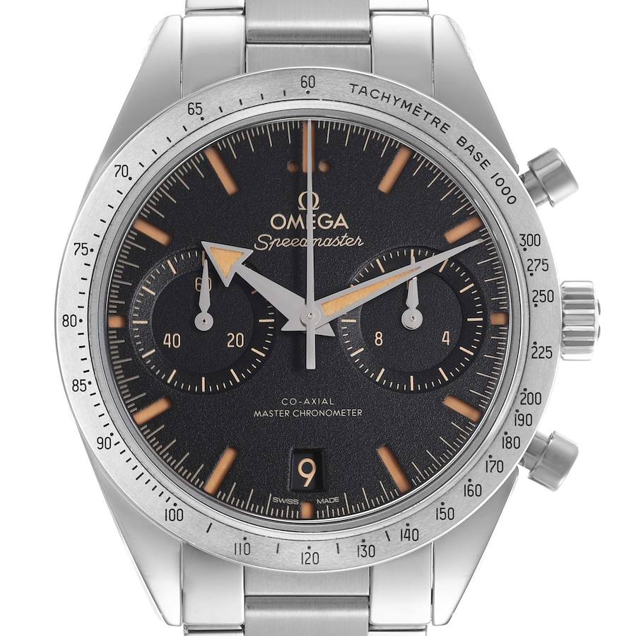 The Omega Speedmaster is shown from the front, displaying its face, tachymeter bezel, and bracelet links.