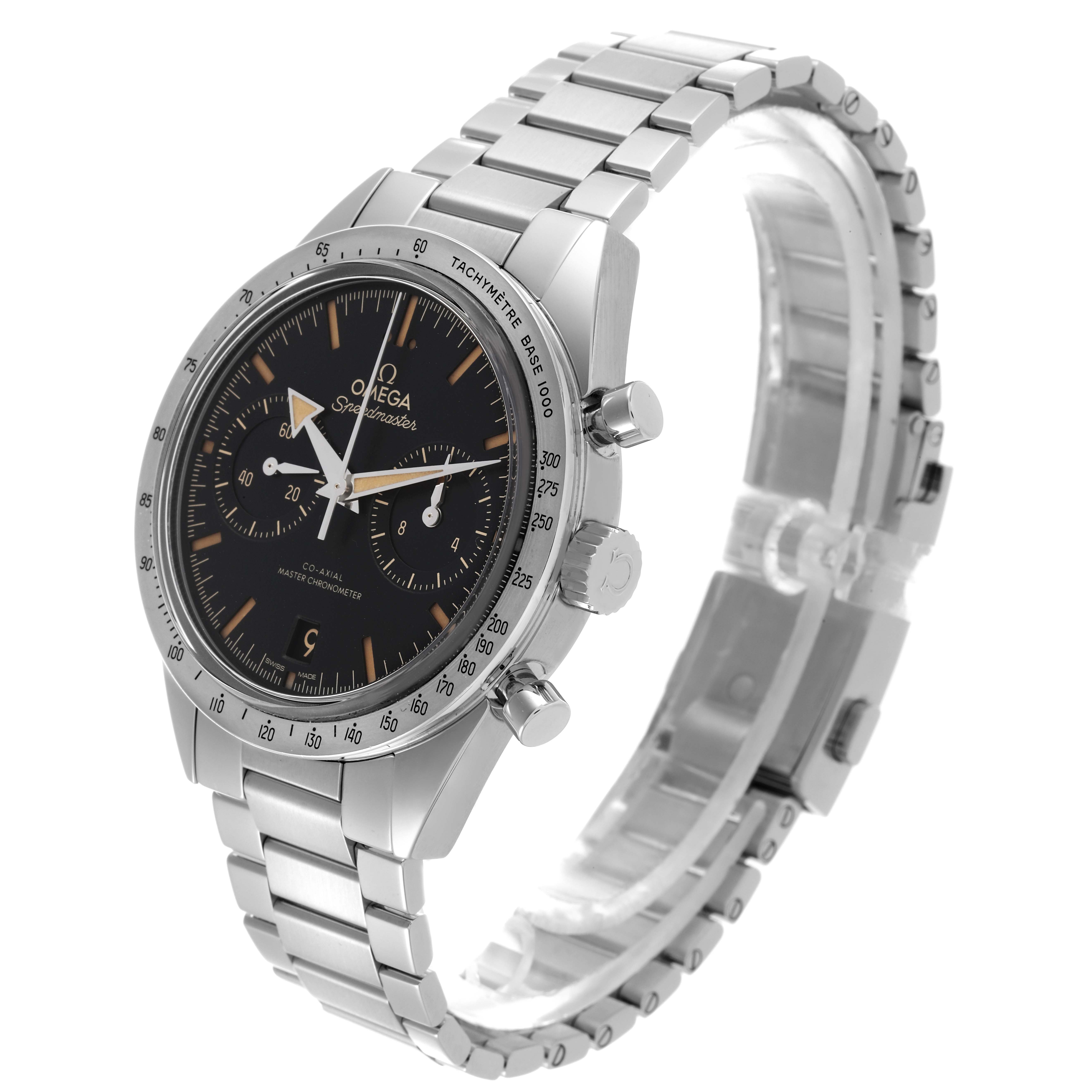 The Omega Speedmaster 332.12.41.51.01.001 Men
s Stainless Steel Black Dial 332.12.41.51.01.001 Men
s Stainless Steel Black Dial watch is shown at a side angle, displaying the face, bezel, crown, pushers, and bracelet.