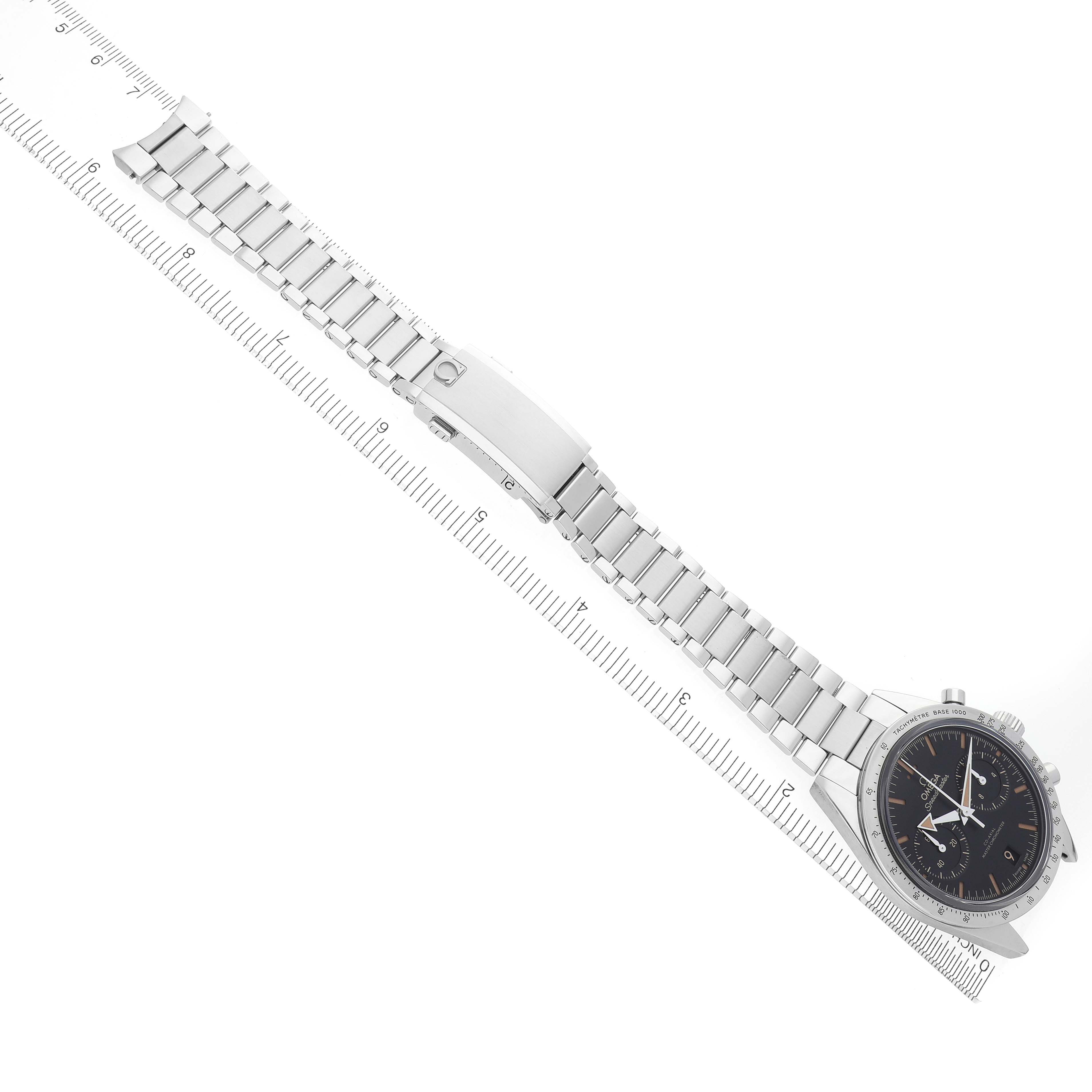 The Omega Speedmaster 332.12.41.51.01.001 Men
s Stainless Steel Black Dial 332.12.41.51.01.001 Men
s Stainless Steel Black Dial watch is displayed at a diagonal angle, showing the full bracelet and clasp alongside the watch face.