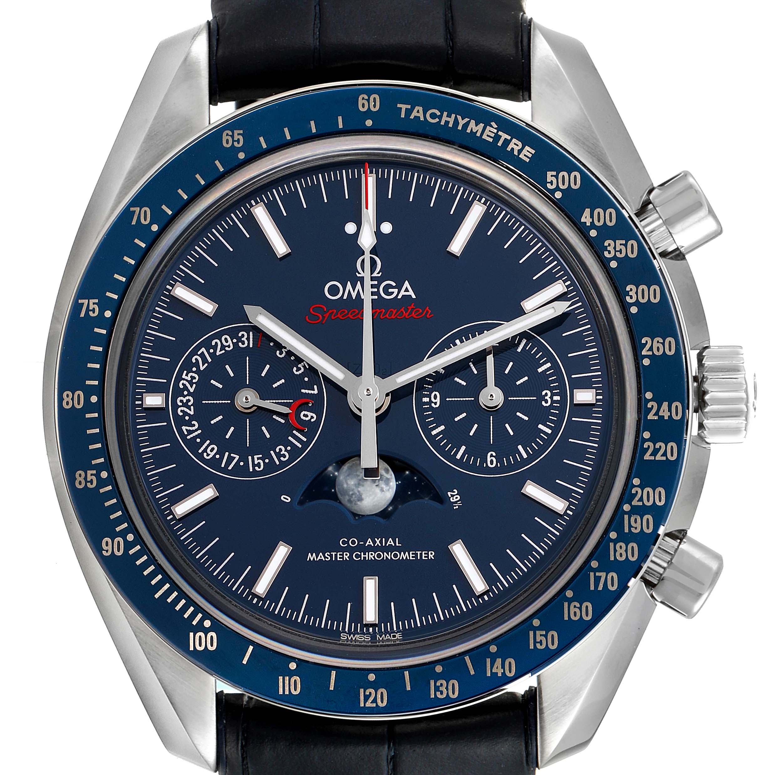 The image shows a front view of the Omega Speedmaster 304.33.44.52.03.001 Men's Stainless Steel Blue Dial 304.33.44.52.03.001 Men's Stainless Steel Blue Dial watch, displaying the dial, subdials, tachymeter bezel, and crown.