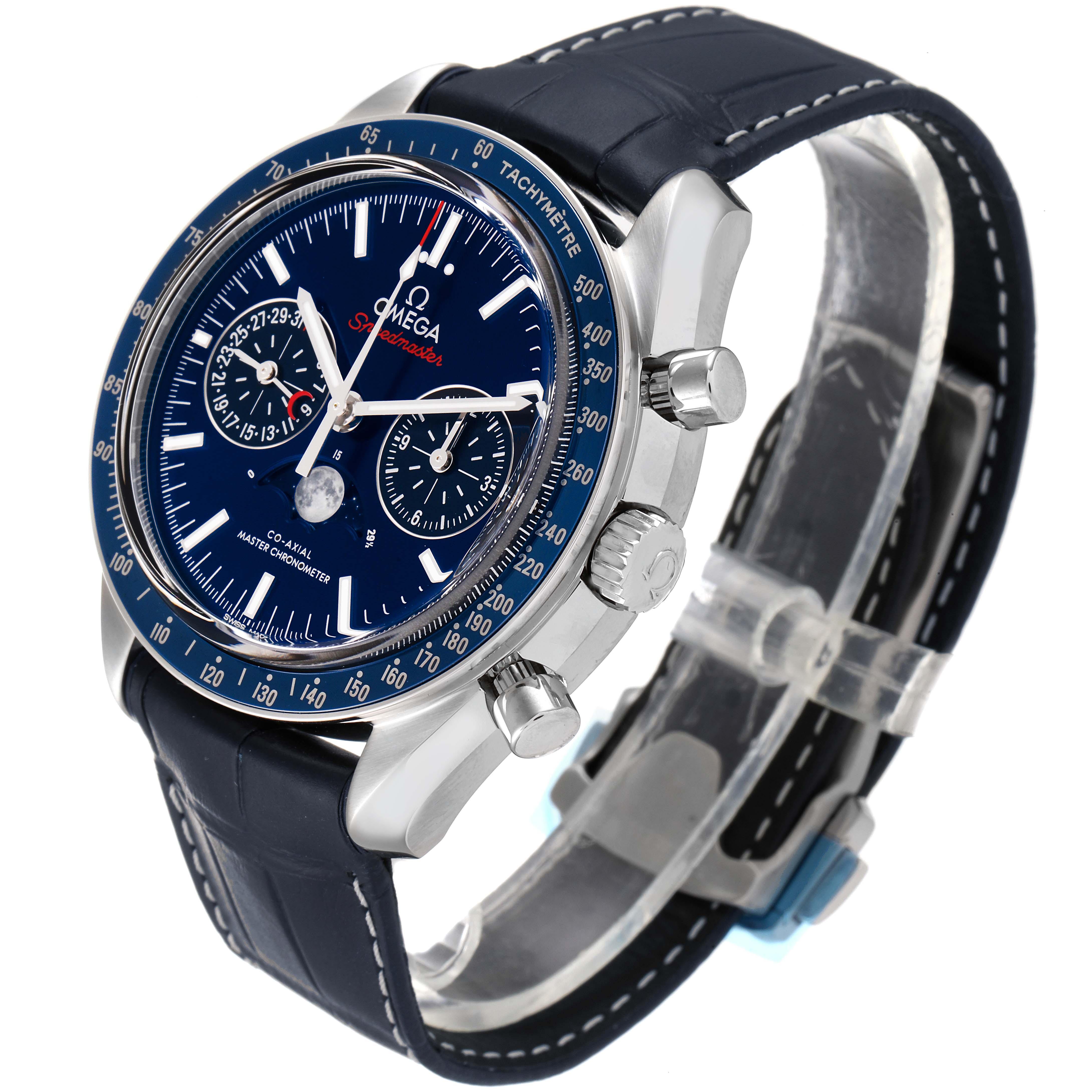 The image displays the Omega Speedmaster 304.33.44.52.03.001 Men's Stainless Steel Blue Dial 304.33.44.52.03.001 Men's Stainless Steel Blue Dial watch at a three-quarter angle, showcasing the face, crown, pushers, and leather strap.