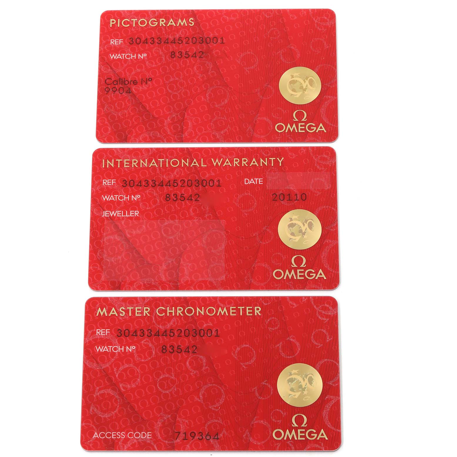 The image shows Pictograms, International Warranty, and Master Chronometer cards for the Omega Speedmaster 304.33.44.52.03.001 Men's Stainless Steel Blue Dial 304.33.44.52.03.001 Men's Stainless Steel Blue Dial watch.