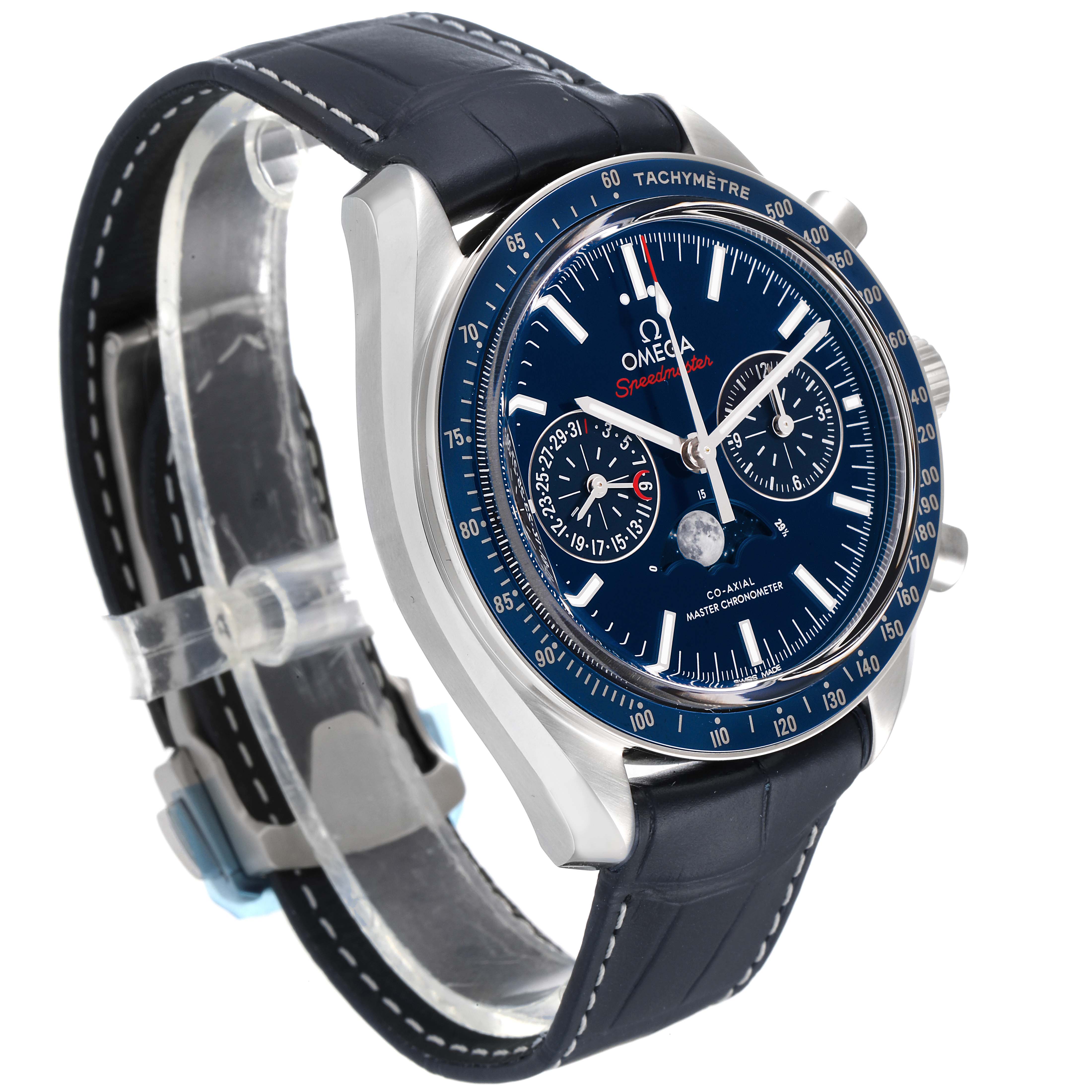 The Omega Speedmaster 304.33.44.52.03.001 Men's Stainless Steel Blue Dial 304.33.44.52.03.001 Men's Stainless Steel Blue Dial watch is shown at a three-quarter angle, highlighting its blue dial, tachymeter bezel, and leather strap.