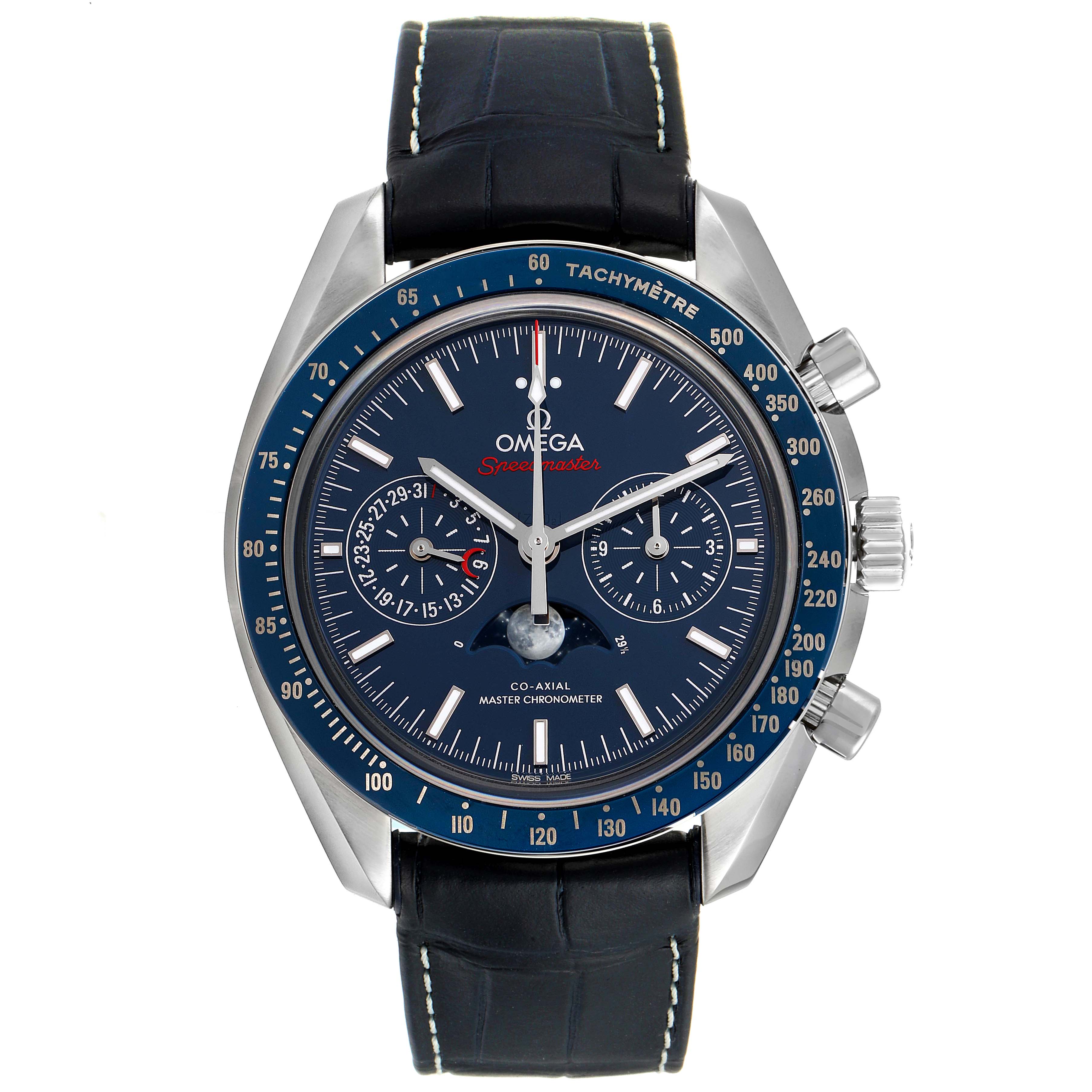 This image shows a front view of an Omega Speedmaster 304.33.44.52.03.001 Men's Stainless Steel Blue Dial 304.33.44.52.03.001 Men's Stainless Steel Blue Dial watch with a blue dial and a black leather strap.