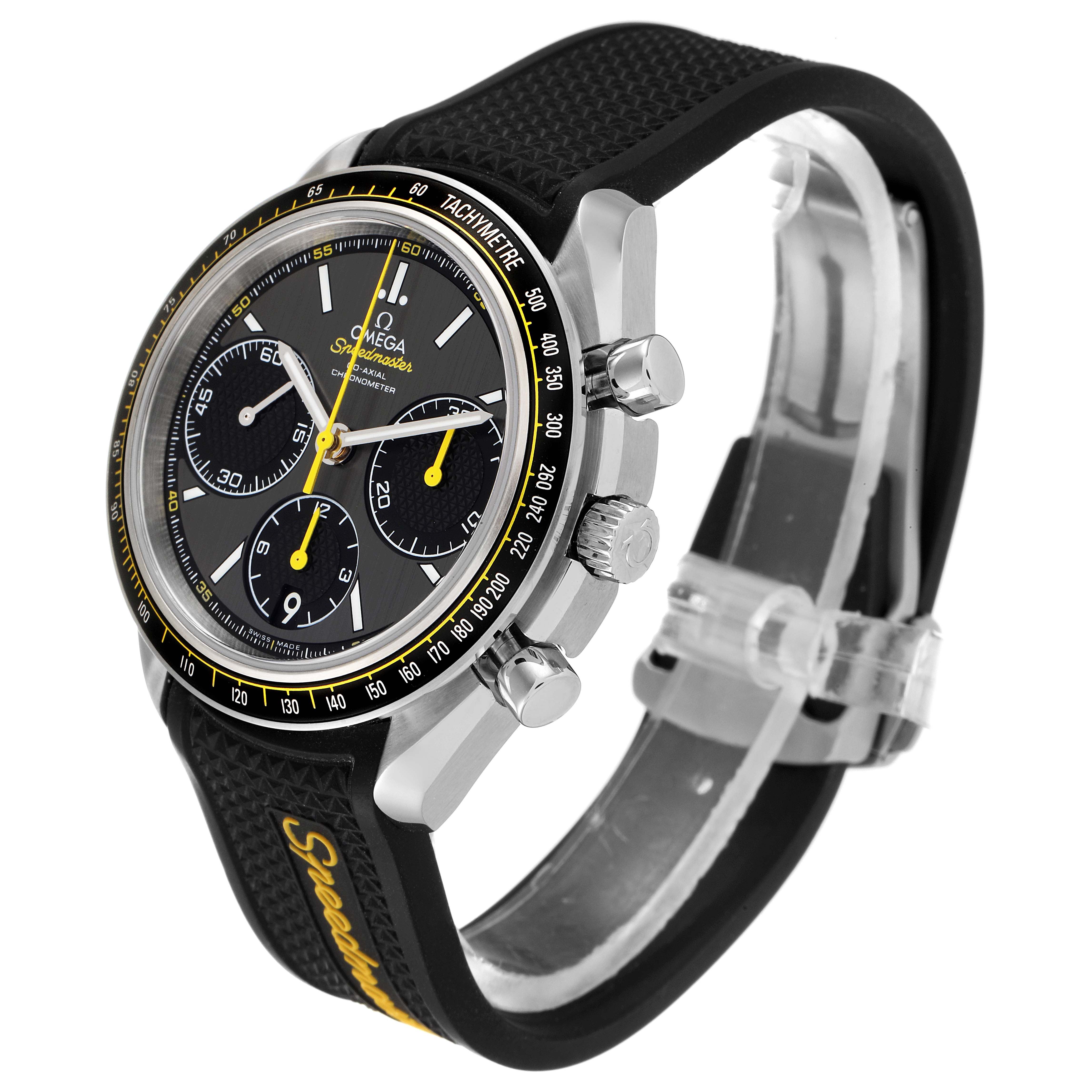 The Omega Speedmaster 326.32.40.50.06.001 Men's Stainless Steel Grey Dial 326.32.40.50.06.001 Men's Stainless Steel Grey Dial watch is shown at a three-quarter angle, displaying the dial, tachymeter bezel, chronograph buttons, and strap.