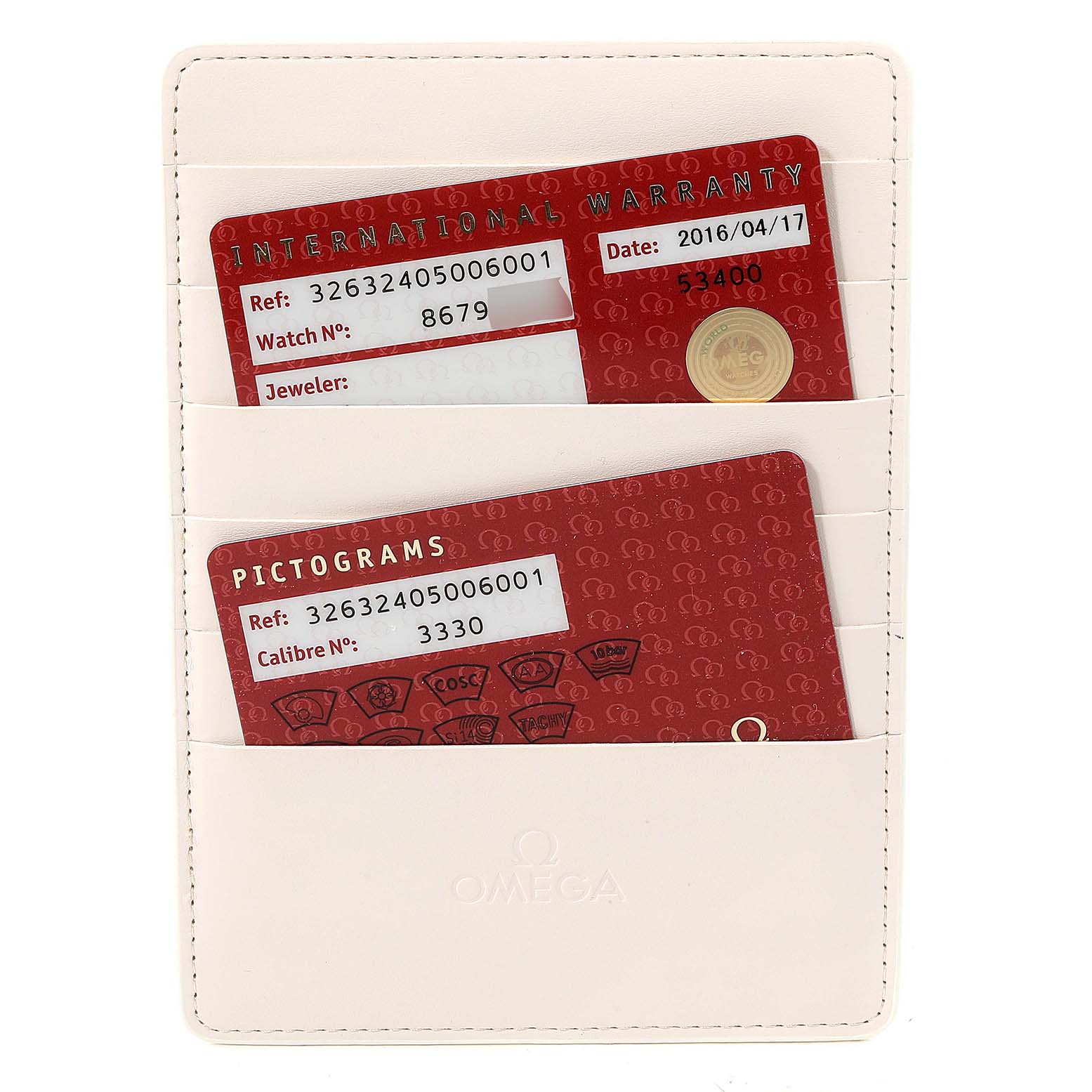 This image shows the warranty and pictogram cards for the Omega Speedmaster 326.32.40.50.06.001 Men's Stainless Steel Grey Dial 326.32.40.50.06.001 Men's Stainless Steel Grey Dial in a white cardholder.