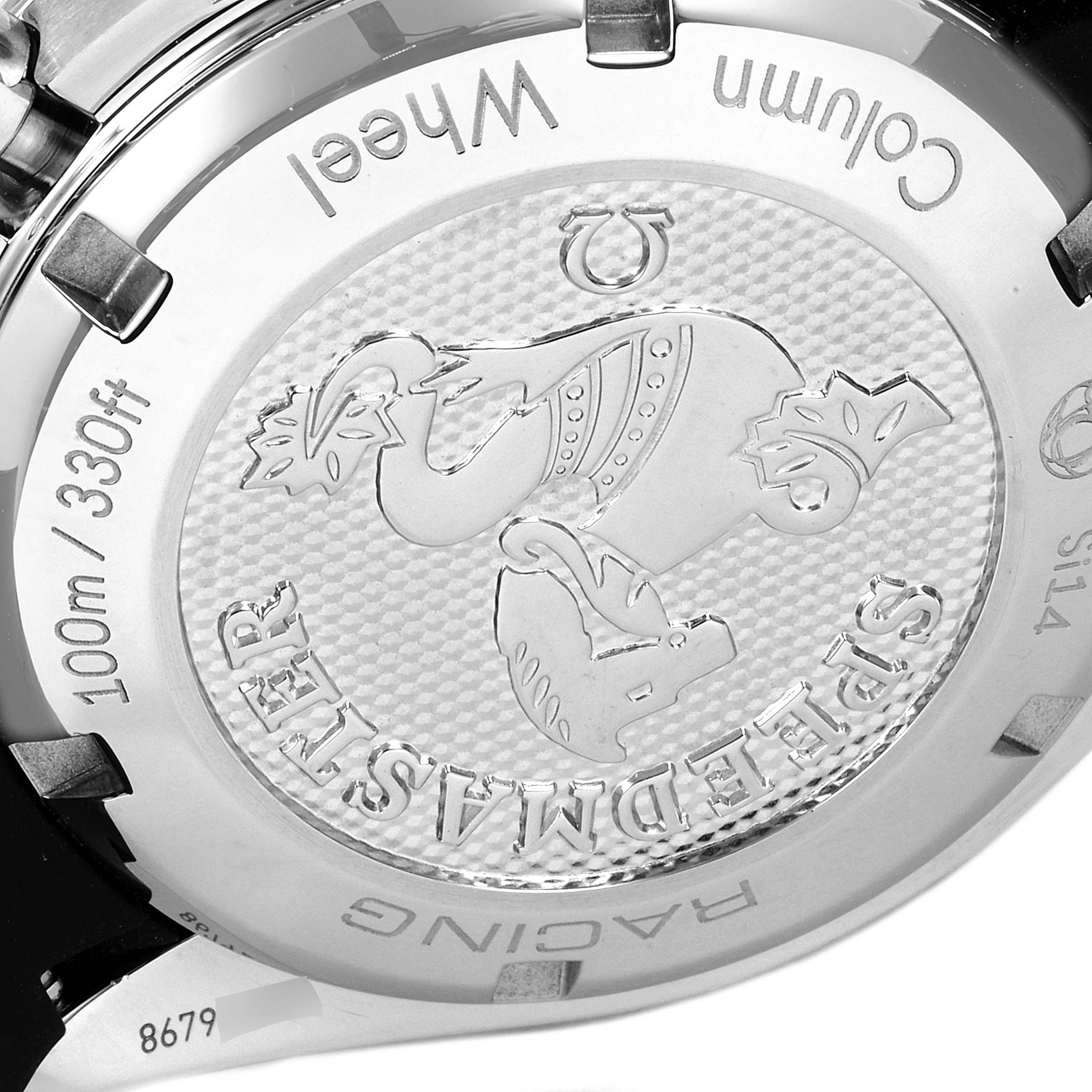 This image shows a close-up of the Omega Speedmaster 326.32.40.50.06.001 Men's Stainless Steel Grey Dial 326.32.40.50.06.001 Men's Stainless Steel Grey Dial watch's case back, highlighting the engraved logo and specifications.