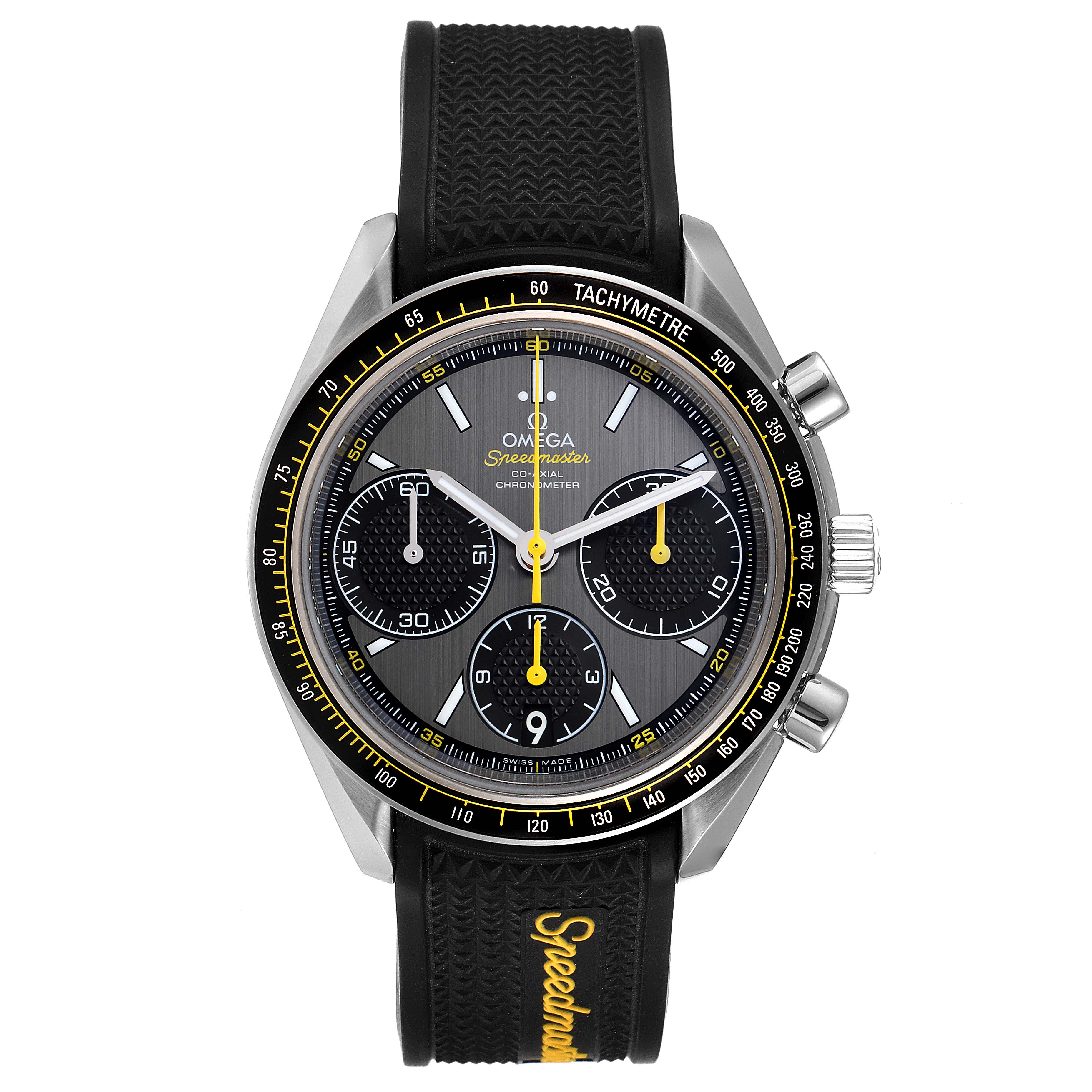 The Omega Speedmaster 326.32.40.50.06.001 Men's Stainless Steel Grey Dial 326.32.40.50.06.001 Men's Stainless Steel Grey Dial watch is shown from a front angle, displaying its dial, bezel, and strap.