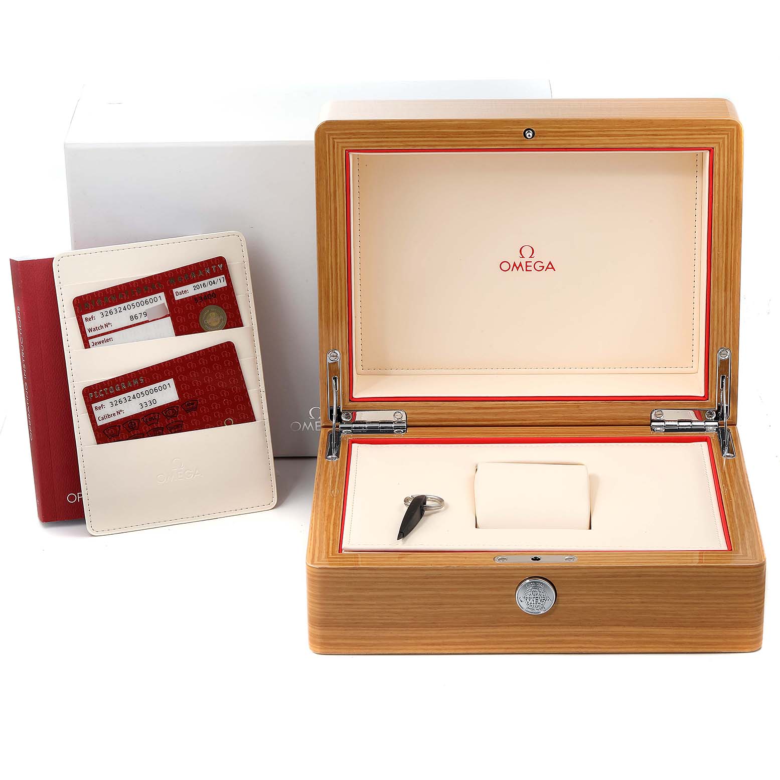 The image shows an Omega Speedmaster 326.32.40.50.06.001 Men's Stainless Steel Grey Dial 326.32.40.50.06.001 Men's Stainless Steel Grey Dial watch box, along with its warranty cards and booklet.