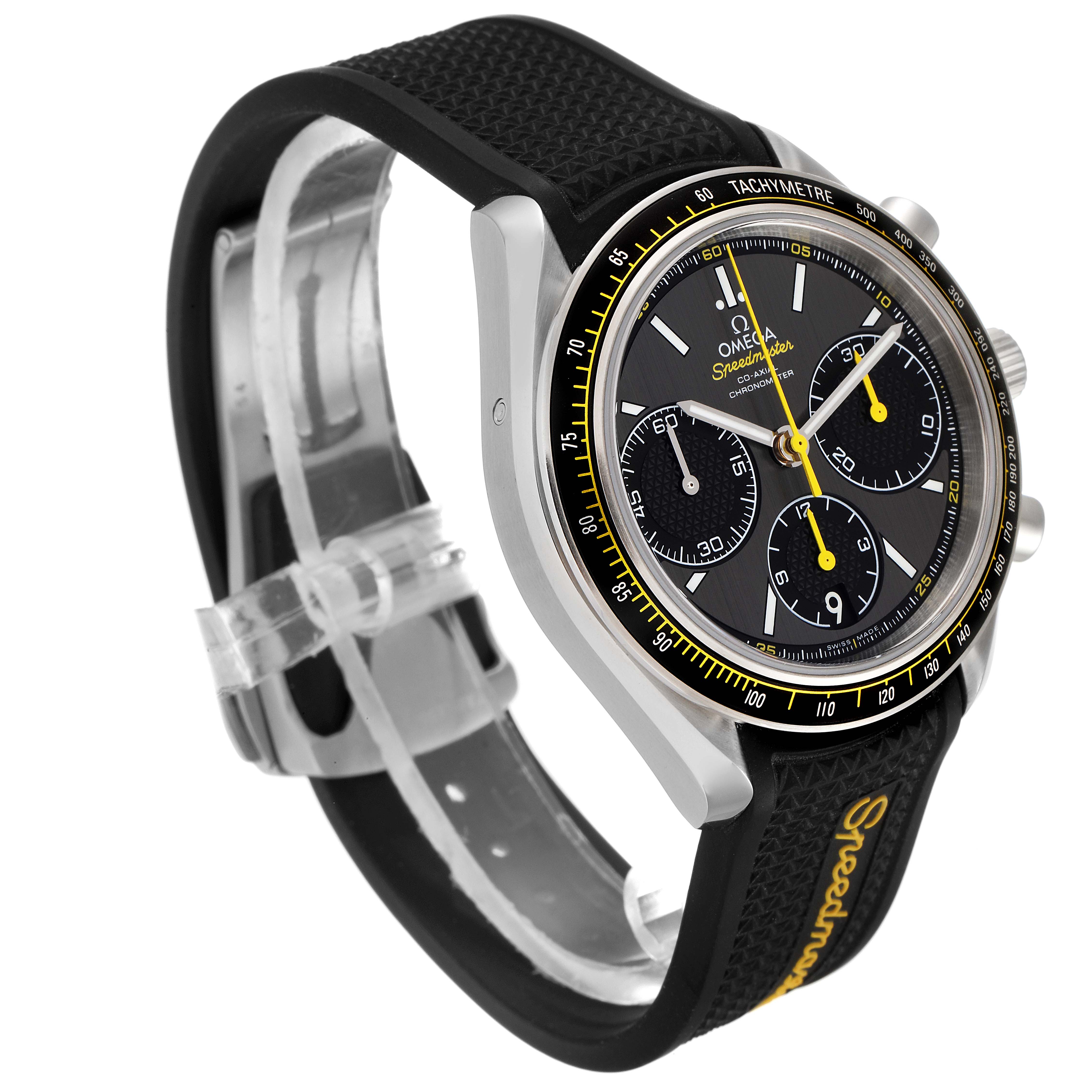 This image shows an angled side view of the Omega Speedmaster 326.32.40.50.06.001 Men's Stainless Steel Grey Dial 326.32.40.50.06.001 Men's Stainless Steel Grey Dial watch, displaying the dial, bezel, and strap.