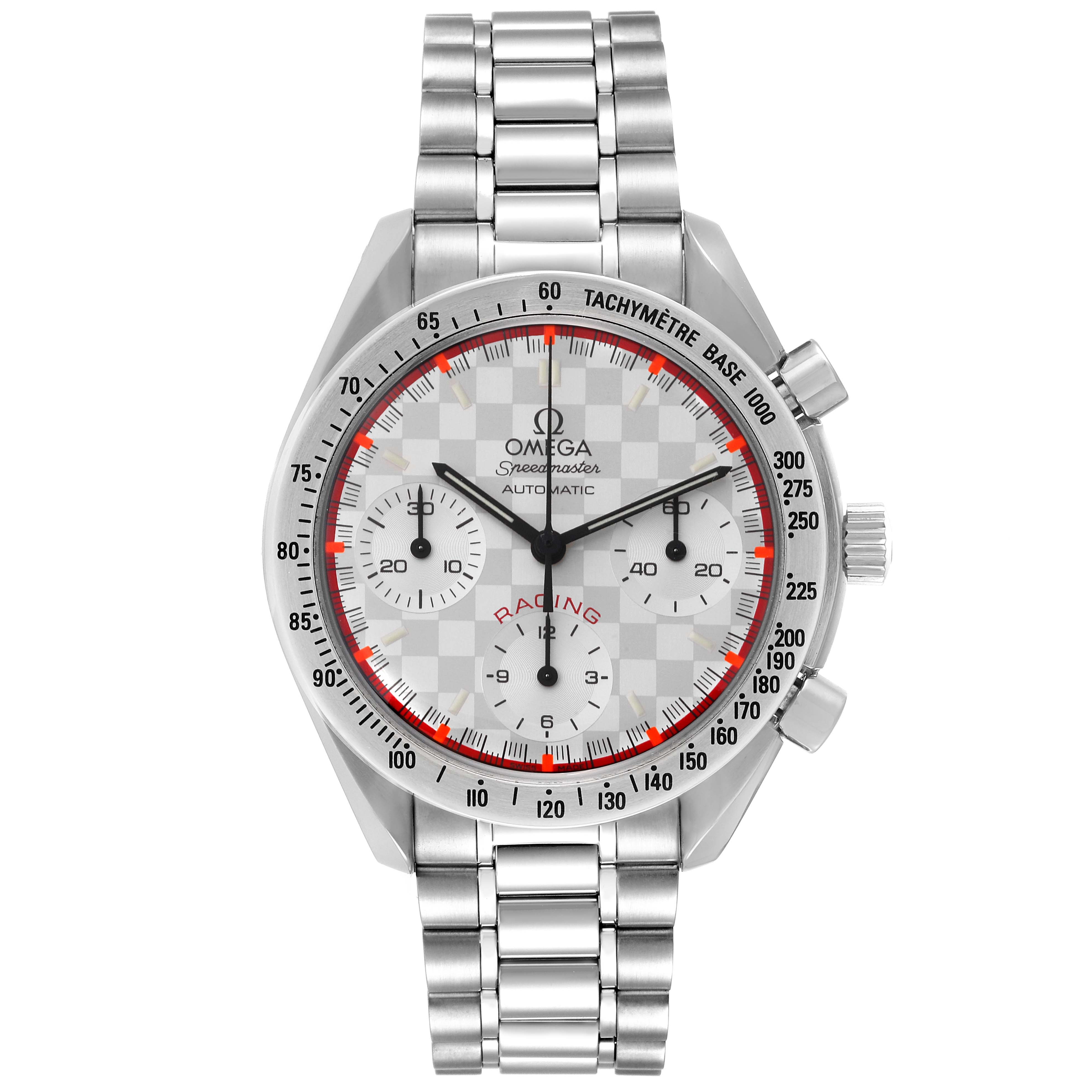 The image shows a front view of the Omega Speedmaster 3517.30.00 Men's Stainless Steel Silver Dial 3517.30.00 Men's Stainless Steel Silver Dial Racing watch, highlighting its silver bracelet, sub-dials, and tachymeter bezel.