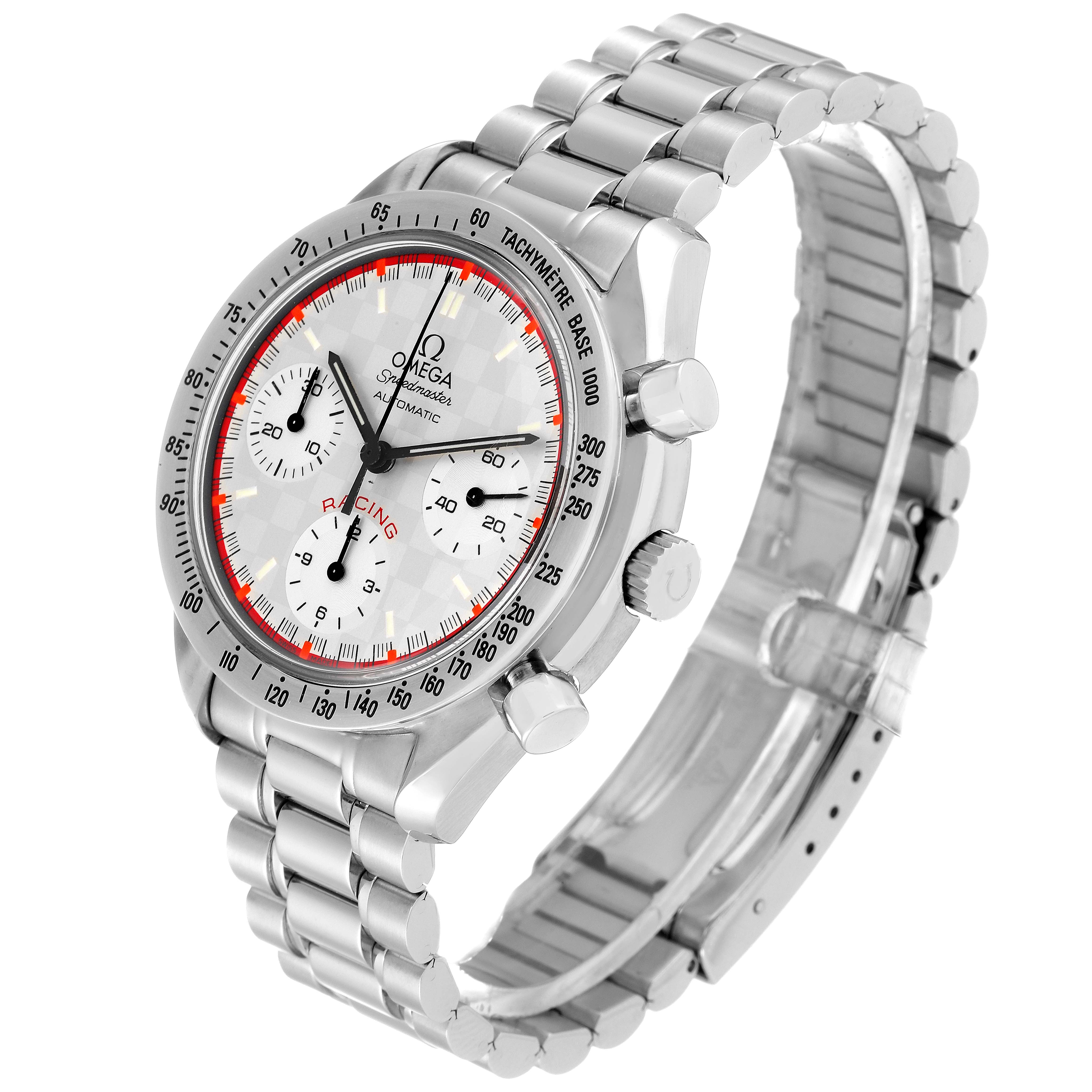 The Omega Speedmaster 3517.30.00 Men's Stainless Steel Silver Dial 3517.30.00 Men's Stainless Steel Silver Dial watch is pictured at an angled side view, showcasing its dial, bezel, crown, and metal bracelet.