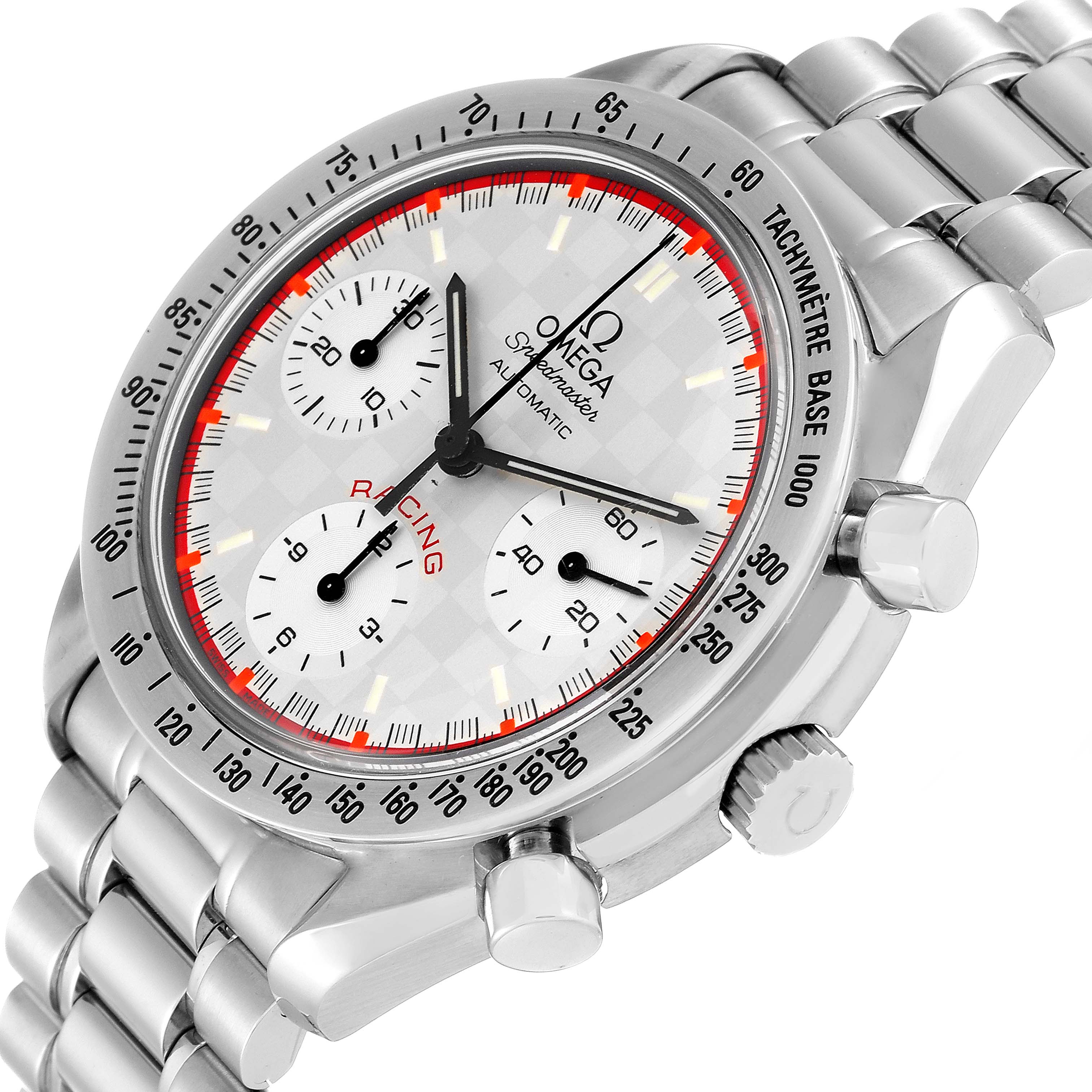 The image shows a close-up of an Omega Speedmaster 3517.30.00 Men's Stainless Steel Silver Dial 3517.30.00 Men's Stainless Steel Silver Dial Racing watch, highlighting the dial, bezel, and part of the bracelet.