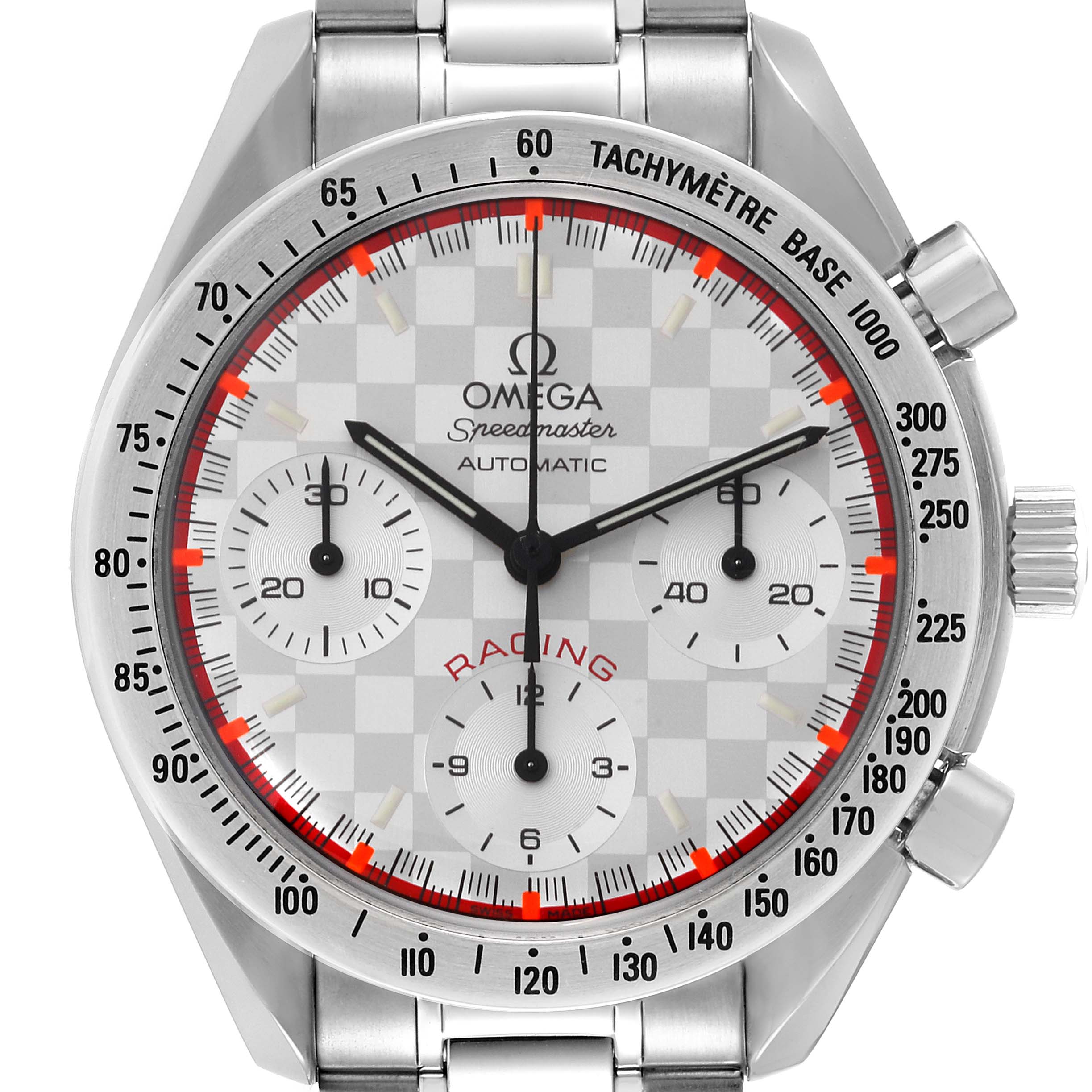 The image shows a close-up front view of the Omega Speedmaster 3517.30.00 Men's Stainless Steel Silver Dial 3517.30.00 Men's Stainless Steel Silver Dial Racing watch, highlighting the dial and tachymeter scale.