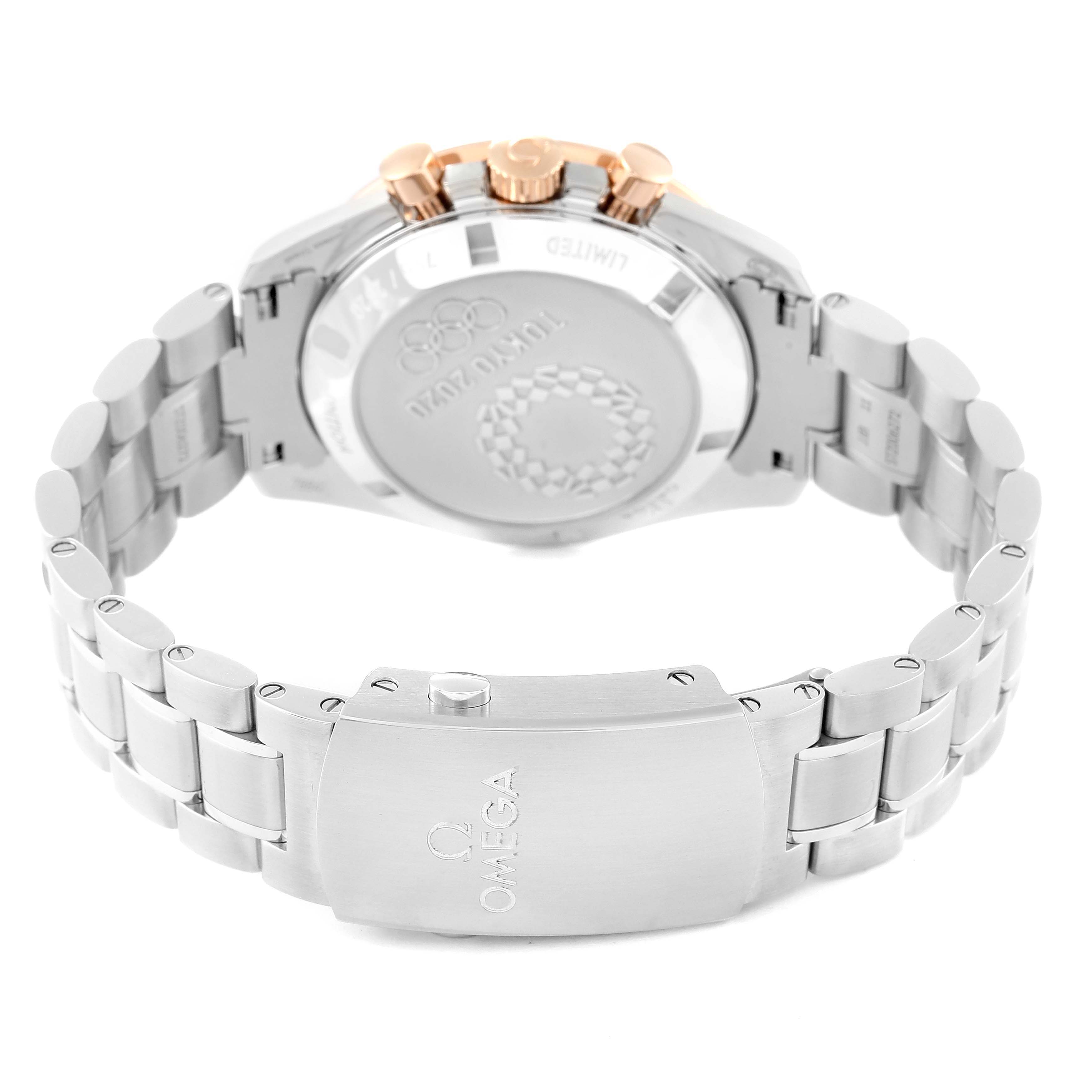 This photo shows the Omega Speedmaster 522.20.42.30.06.001 Men's Steel and Gold (two tone) Silver Dial 522.20.42.30.06.001 Men's Steel and Gold (two tone) Silver Dial watch's clasp and case back from a rear angle.