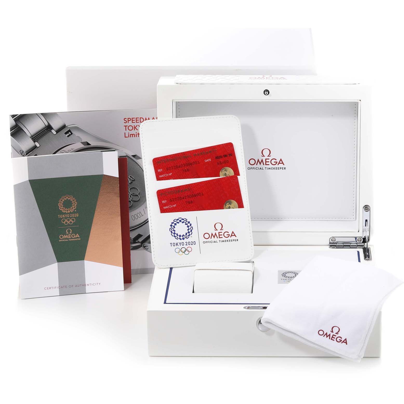 The image shows Omega Speedmaster 522.20.42.30.06.001 Men's Steel and Gold (two tone) Silver Dial 522.20.42.30.06.001 Men's Steel and Gold (two tone) Silver Dial watch accessories, including a box, cards, and manuals, viewed from a front angle.